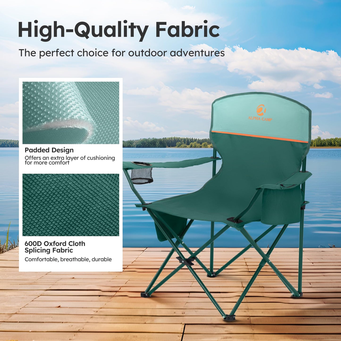 LET'S CAMP Camping Chair 2 Pack Folding Chair with 4-Can Cooler Bag Portable Lawn Chair with Cup Holder,Storage Pocket, Supports 350LBS, Collapsible Chair for Camp, Beach, Picnic (Green)