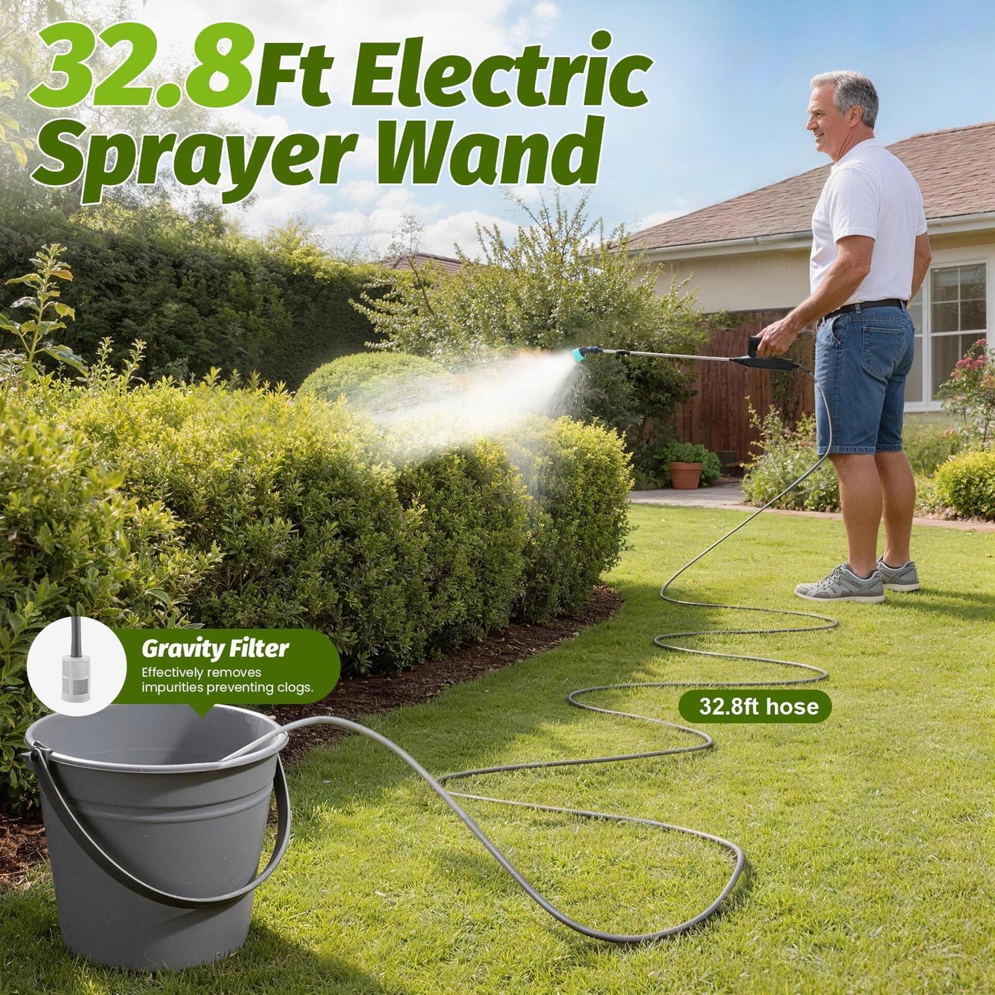 Sylsmart Battery Powered Sprayer Wand with 32.8FT Extended Hose, Electric Garden Sprayer with 3 Speeds & Battery Indicator, 4 Nozzles, 7.4V Portable Weed Sprayer for Lawn Care, Fertilizing, Watering