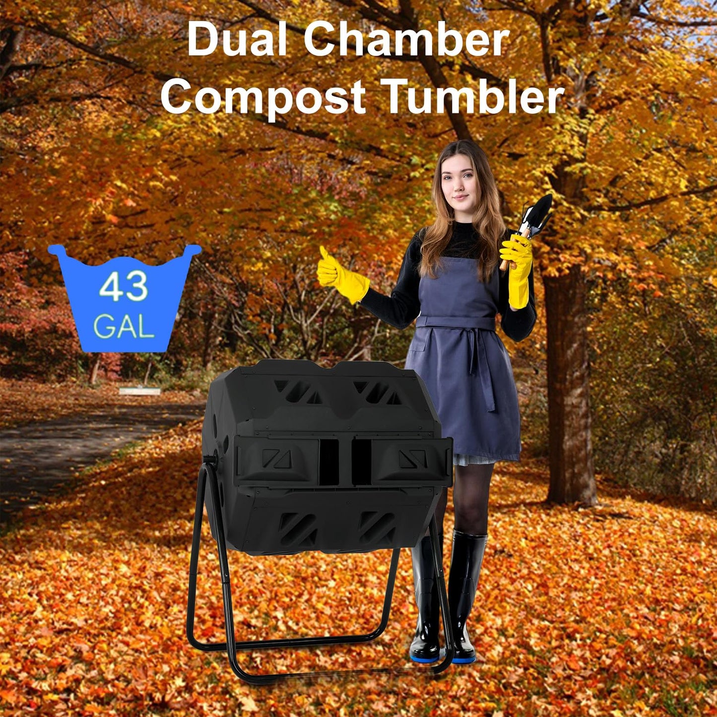 FDW Outdoor Compost Bin, 43 Gallon Dual Chamber Tumbling Composting Bin with Sliding Doors for Garden Patio Kitchen Yard,Black Door