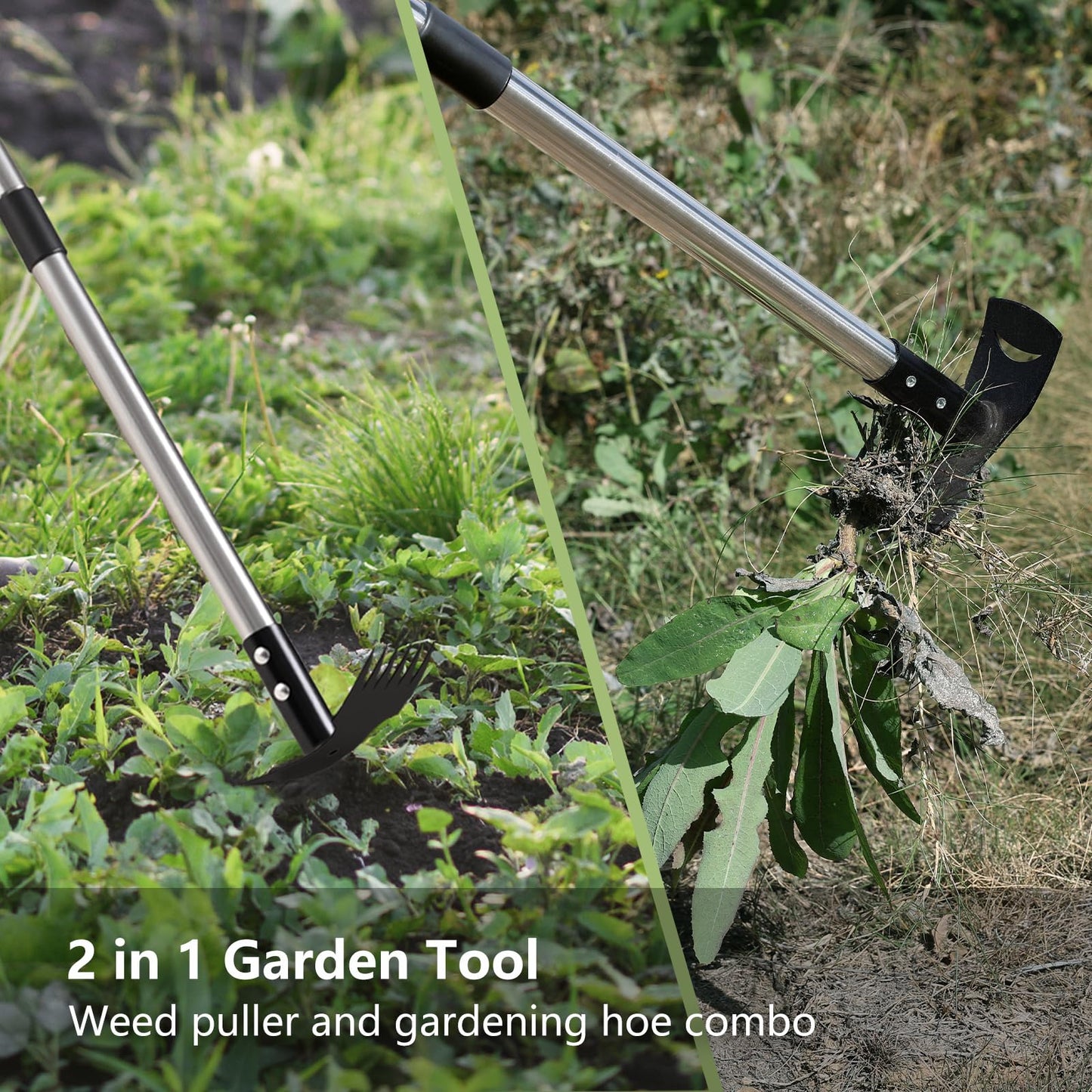 Mitclear Weed Puller Tool with Long Handle(58IN), 2-in-1 Gardening Hand Tools Weeds Remover, Weeder Rake & Garden Hoe Combo, Manual Weeding Puller Tool for Garden Yard Patio Lawn