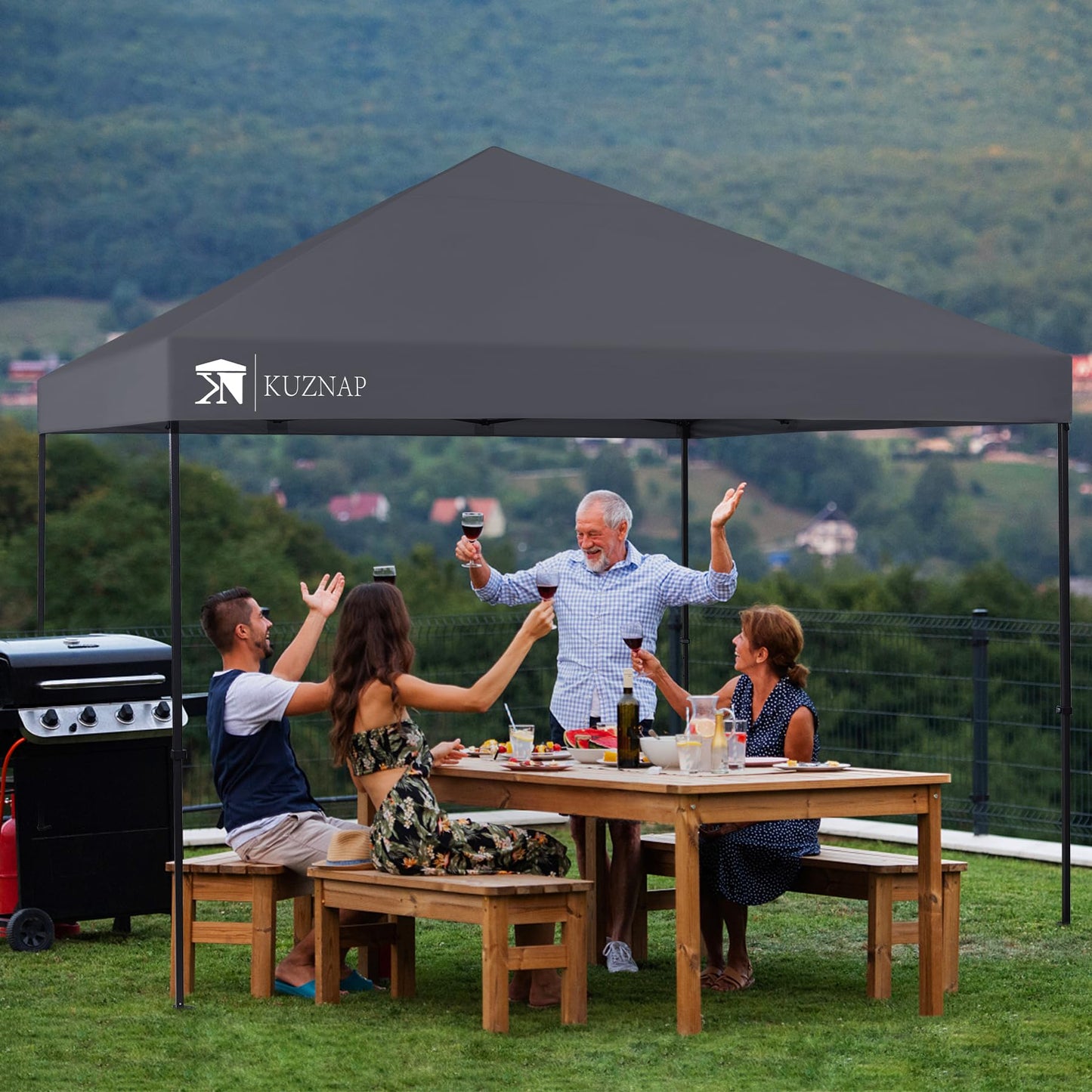 KUZNAP 12’x12’ Pop up Canopy Tent Patented EZ Set up Instant Outdoor Canopy with Wheeled Carry Bag Bonus 4 Weight Sandbags, 8 Stakes and 4 Ropes, Grey