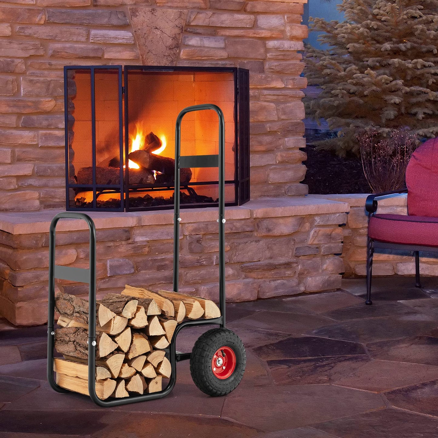 Goplus Firewood Cart with Wheels, Outdoor Indoor Rolling Fire Wood Log Cart with Pneumatic Rubber Tiers, 220 LBS Load Capacity Heavy Duty Steel Wood Storage Hauler, Log Holder Rack for Fireplace