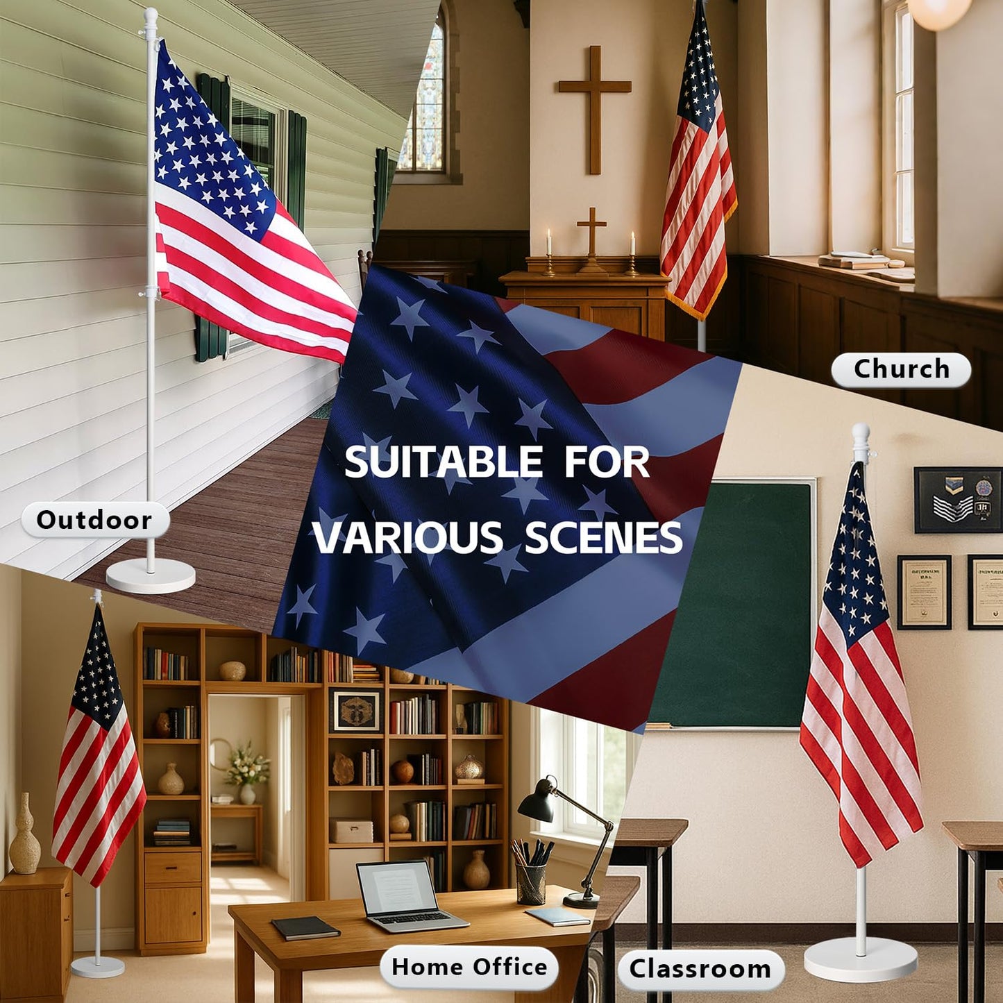 Flag Stand Indoor - 1" Heavy Duty Metal Flag Pole Set with Base,6-8ft Adjustable,Portable & Free Standing For Office,Meeting Room,Classroom,Entry Area,Outdoor Porch Deck (White)