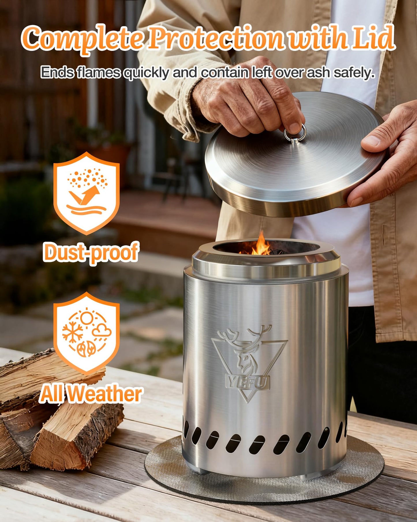 YEFU Tabletop Fire Pit 7.5 x 5.5 in, Low Smoke Camping Stove for Outdoor & Patio, Fueled by Pellets or Wood, Safe Burning Table Top Firepit, with Travel Bag & 2 Mini Sticks & Fireproof Mat, Silver