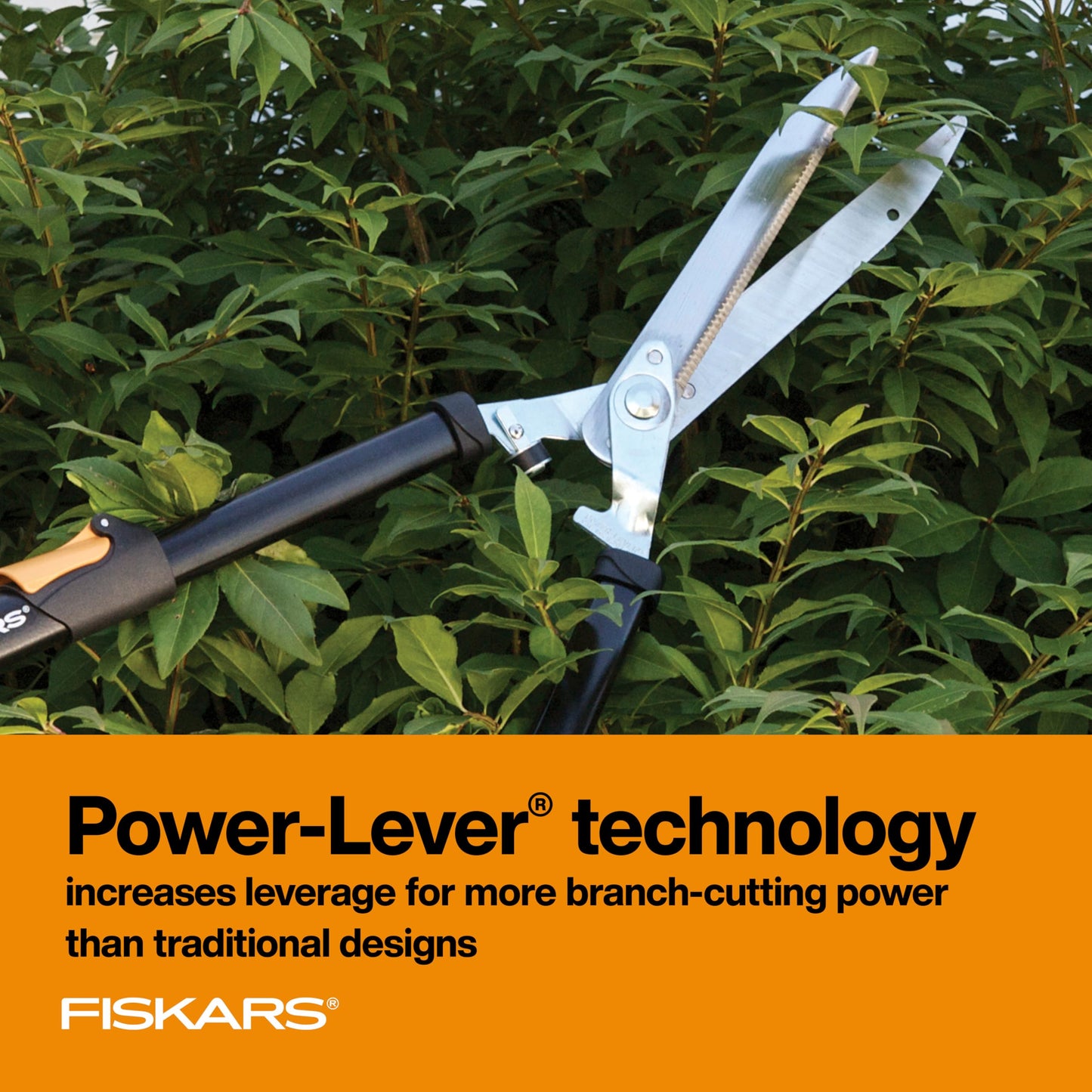 Fiskars Power-Lever Extendable Hedge Shears, Self-Sharpening Serrated Steel Blades for Clean Cuts, Handles Adjust 25"-33" for High Reach, Multiplies Leverage for 2x Power, 10" Blades, Orange/Black