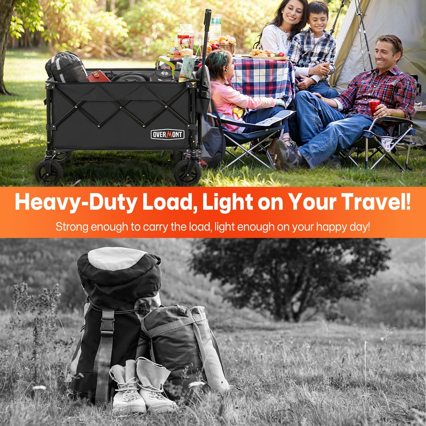 Overmont Ultra-Compact Collapsible Wagon Cart -200L Portable Folding Wagon with All-Terrain Wheels Utility for Beach, Grocery Shopping, Camping, and Gardening โ 360lbs Load Capacity Black