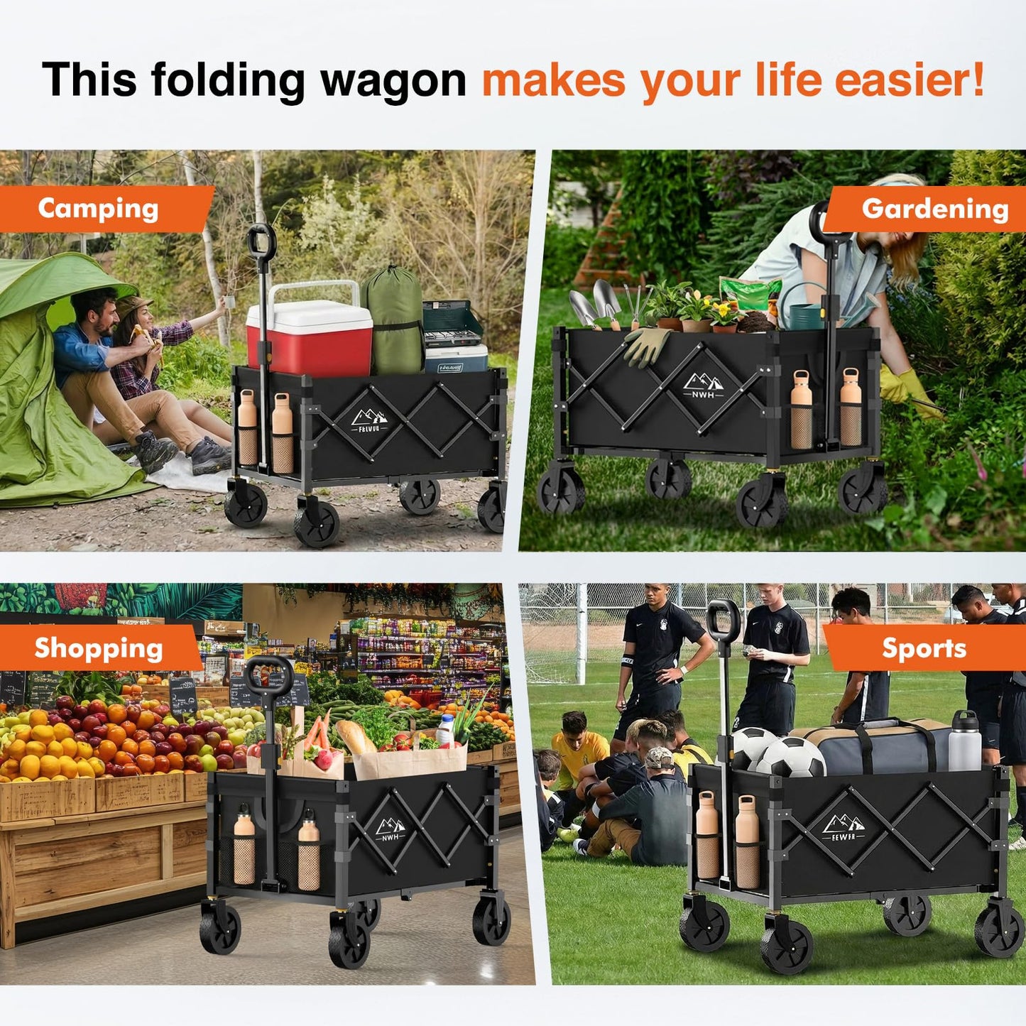 NWH Collapsible Wagon Cart with Wheels Foldable, 360LBS Large Capacity Portable Folding Utility Heavy Duty Beach Wagons Cart with All-Terrain Wheels for Groceries Shopping, Camping, Sports, Garden