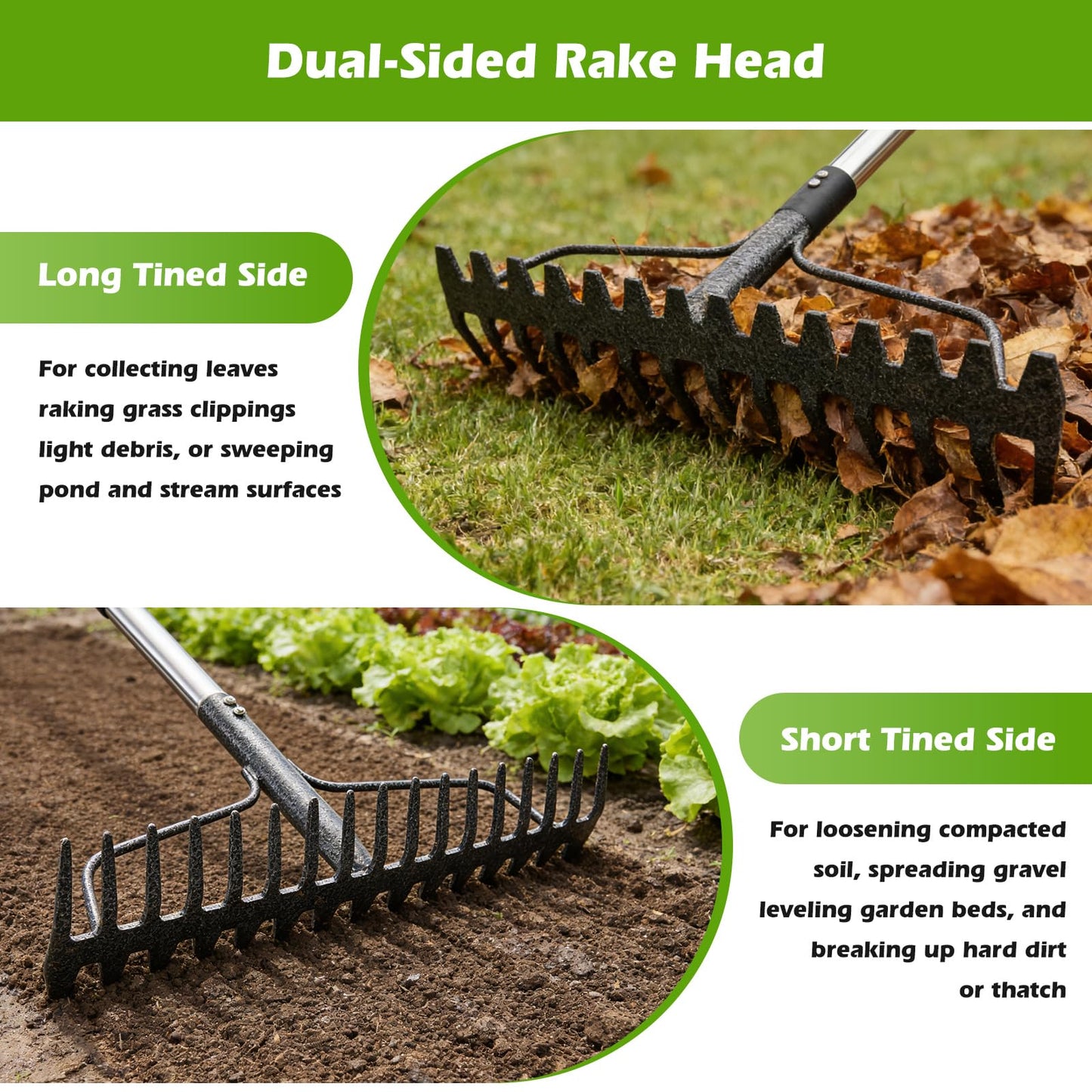 63" Bow Rake,Heavy Duty Metal Garden Rake for Moving Gravel Loosening Soil Leveling Ground Gathering Leaf Debris Spreading Mulch, 17 Tines,Adjustable Handle, for Lawn Garden Farm Landscape Work