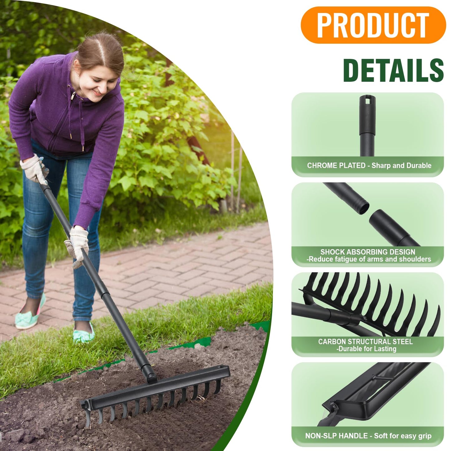 Garden Hoe & Stirrup Hoe, 2-in-1 Weed Puller Gardening Tools with 76" Heavy Duty Long Adjustable Handle, 12 Teeth Hula Garden Hoe with Rake for Weeding, Cultivating, Loosening Soil, Digging & Raking