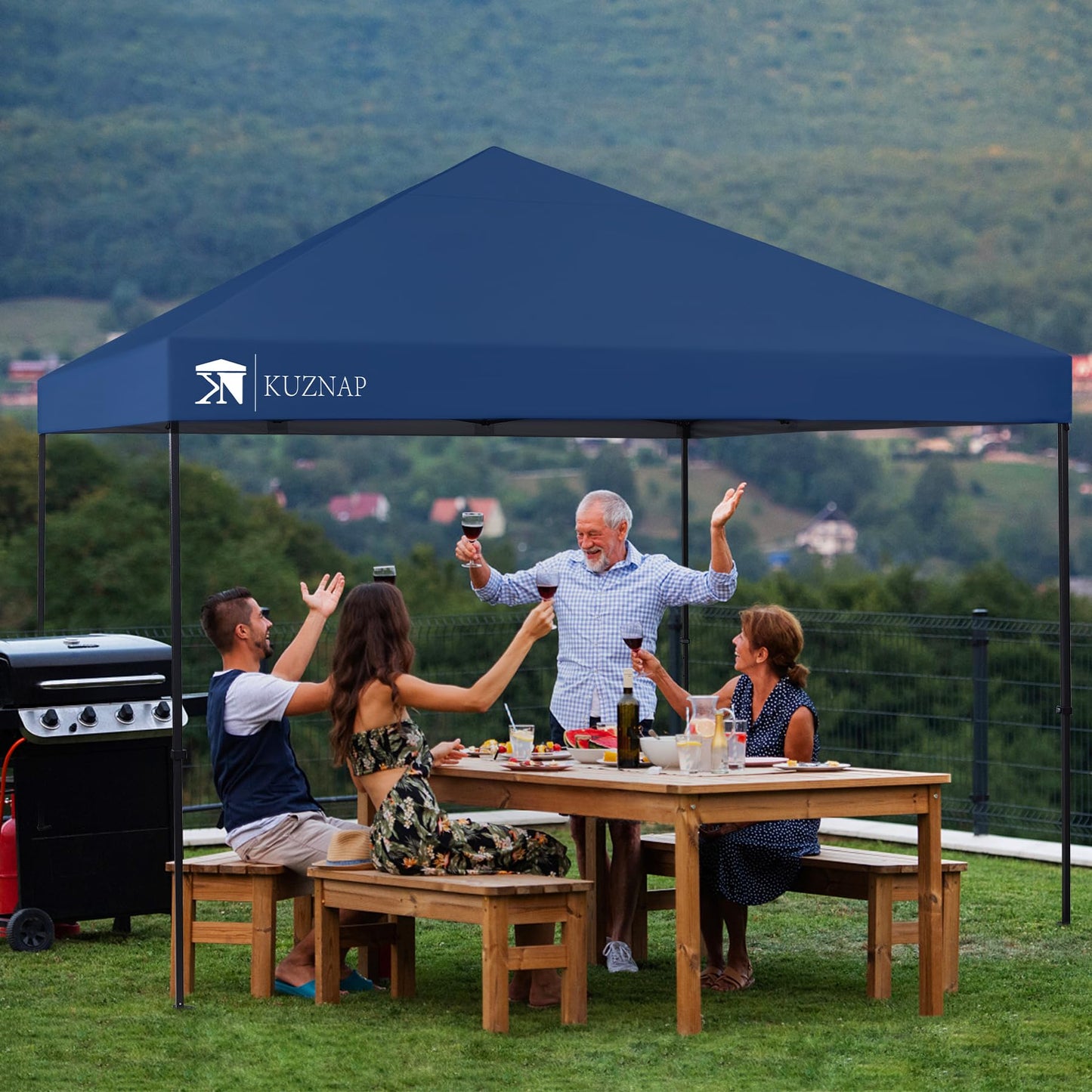 KUZNAP 12’x12’ Pop up Canopy Tent Patented EZ Set up Instant Outdoor Canopy with Wheeled Carry Bag Bonus 4 Weight Sandbags, 8 Stakes and 4 Ropes, Blue