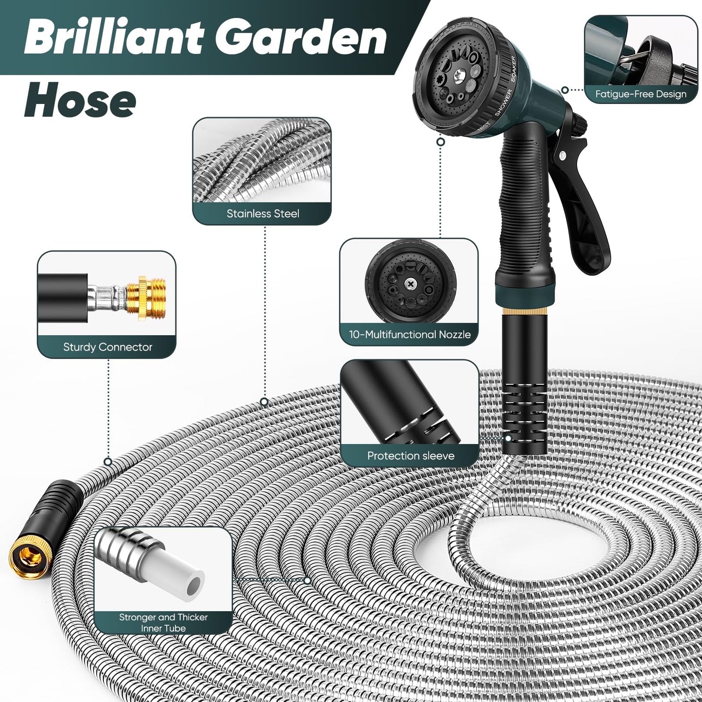 Amayrose Garden Hose with 10-Function Nozzle, Leak-proof Metal Connector Hose, No Knots, Kink-Free Hoses, Lighter, Anti-Pets, Wear-Resistant, 3/4 GHT, Water Hose for Garden, Yard, Outdoor(75 FT)
