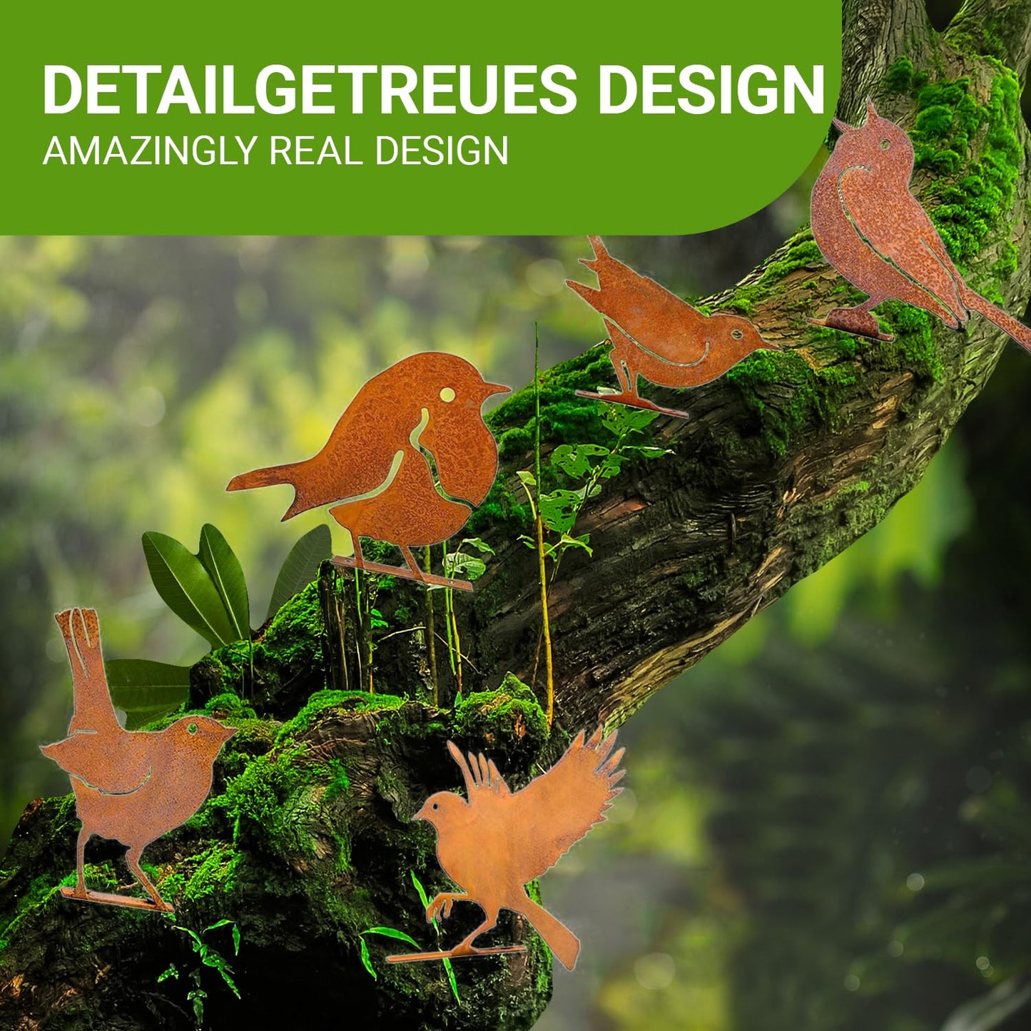 Rusty Birds Decoration Rustic Metal Yard Decor - 5 Pcs Sculpture for Wall & Garden Stakes