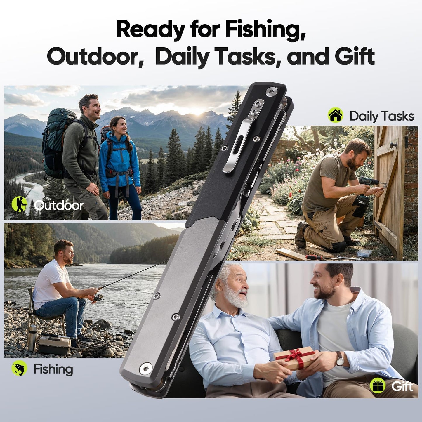 QDX 12-in-1 Saltwater Fishing Pliers & EDC Multitool, Titanium Coated Marine-Grade Stainless Steel Folding Pliers, Gifts for Men, Compact Pen-Sized Braid Cutter, Hook Remover & Split Ring fishing gear