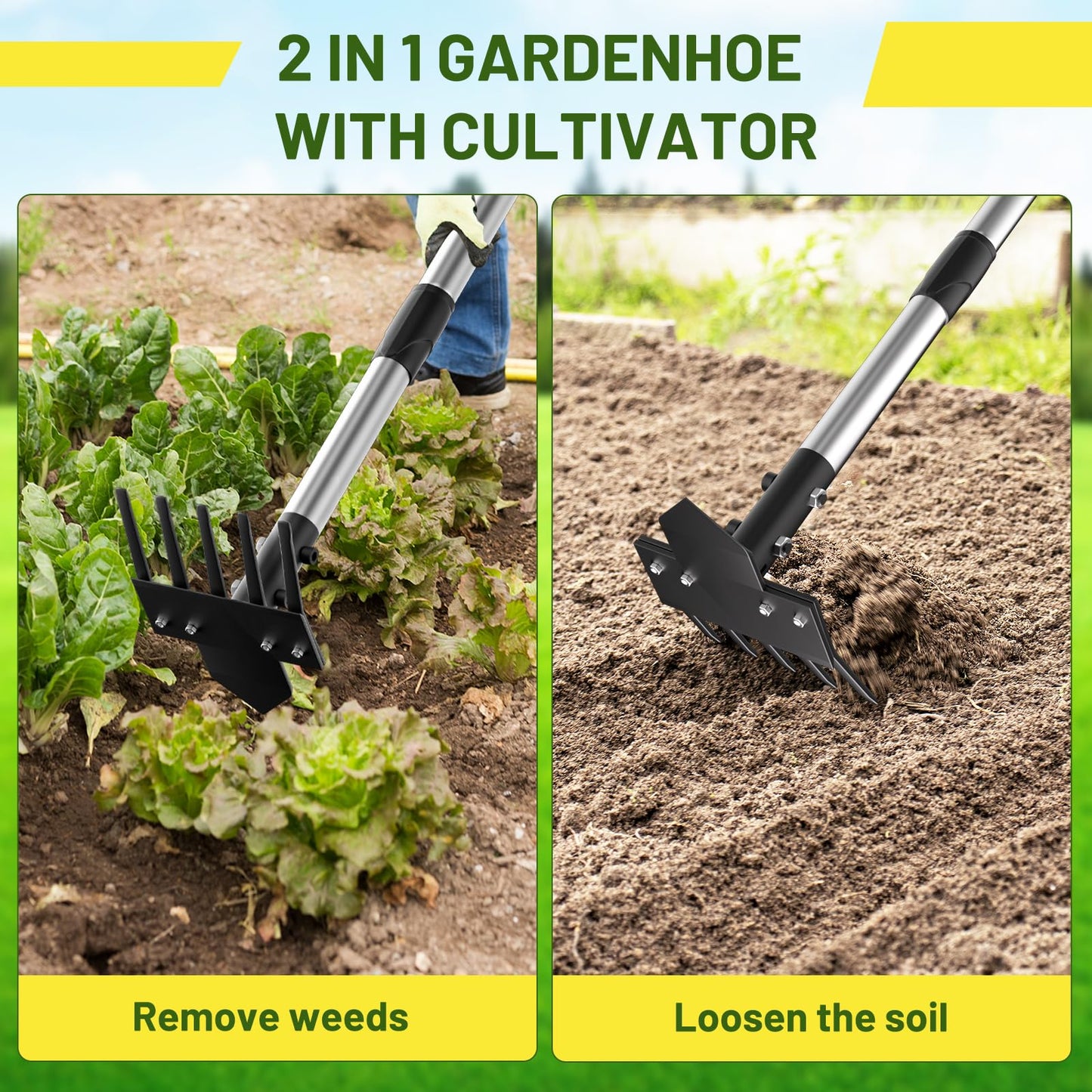 Ukiupop 2-in-1 Heavy-Duty Weed Puller Tool with 5-Tine Rake – 30" to 60" Adjustable Handle, Hoes for Gardening, Hoe Garden Tools for Loosening Soil, Planting, Weeding