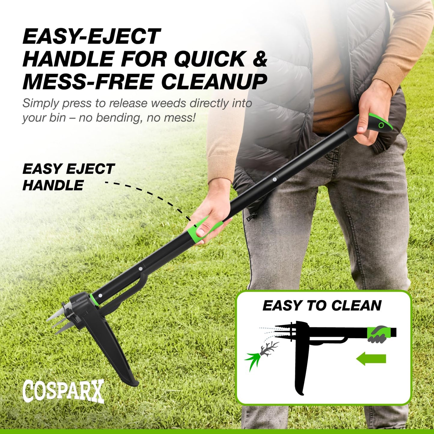 Weed Puller Tool with Long 43” Handle, No Bending, Easy Eject – Removes Weeds Effortlessly, Sturdy Foot Pedal & Lightweight Aluminum - 4-Claw Hand Weeding Tool