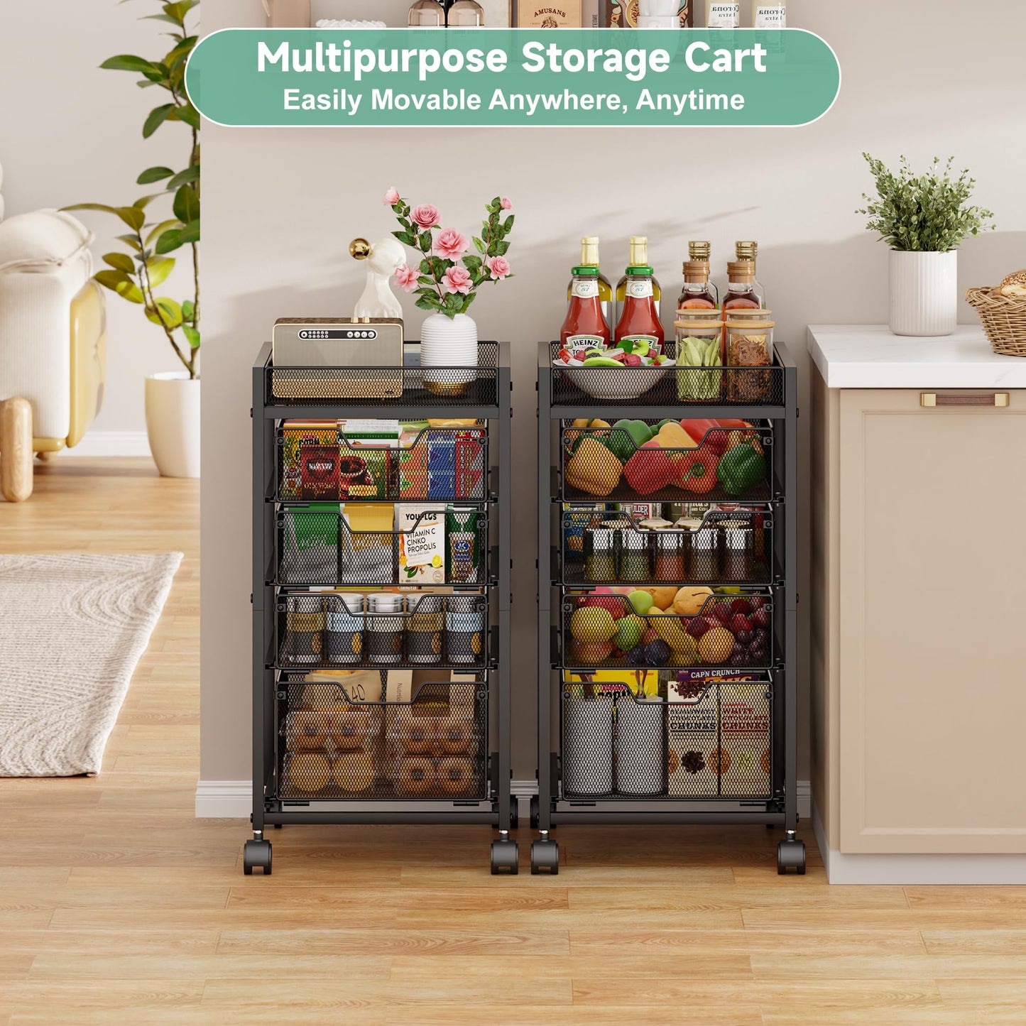 keomaisyto 5-Tier Kitchen Storage Cart with Top Basket & Drawers, Fruit and Vegetable Storage Rack on Lockable Wheels, Metal Kitchen Organization for Snacks, Potatoes, Onions, Cans & Craft Supplies