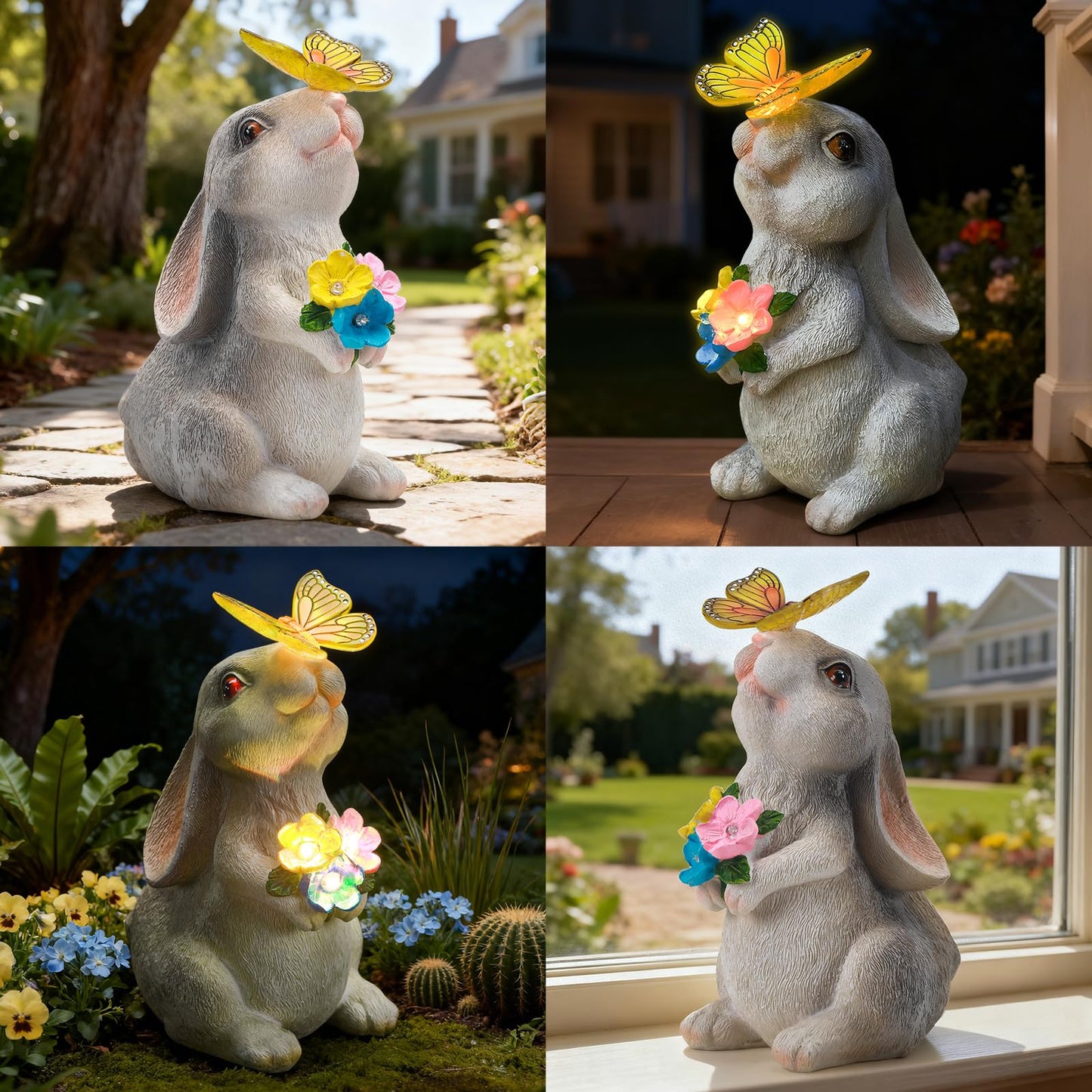 IDEA SHOW Solar Garden Statue Outdoor Decor, Rabbit Figurine with Butterfly LED Lights, Bunny Statue for Garden, Yard Decor, Lawn Ornament, Valentine's Day Birthday Gift for Women Mom Grandma