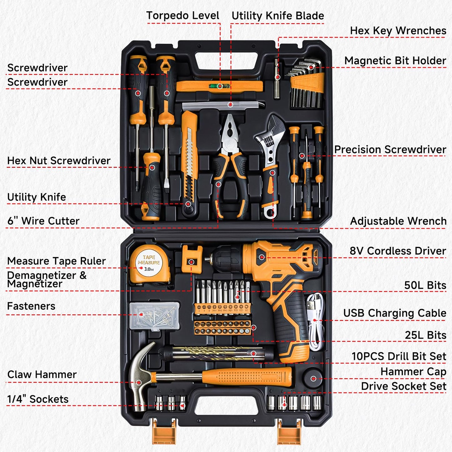Tool Set - Tool Kit with 8V Cordless Drill, 132 Piece Tool Box with Drill, Home Tool Kits for Men & Women, Hand Drill Set Perfect for Homeowner, Diyer, Handyman-Yellow