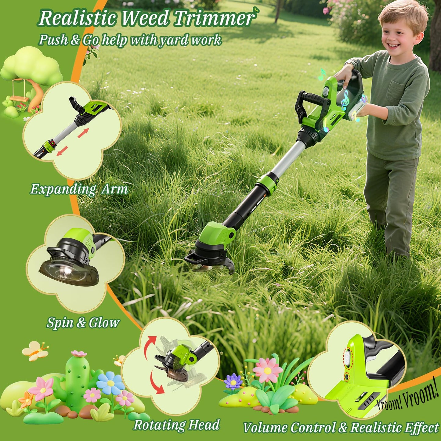 Kids Tool Set, 3-IN-1 Toddler Power Garden Tools with Sounds & Lights, Volume+/-, Toy Weed Wacker, Leaf Blower & Hedge Trimmer, Outdoor Play Toy Tools, Christmas Birthday Gifts for Boys 3 4 5 6 7 8+
