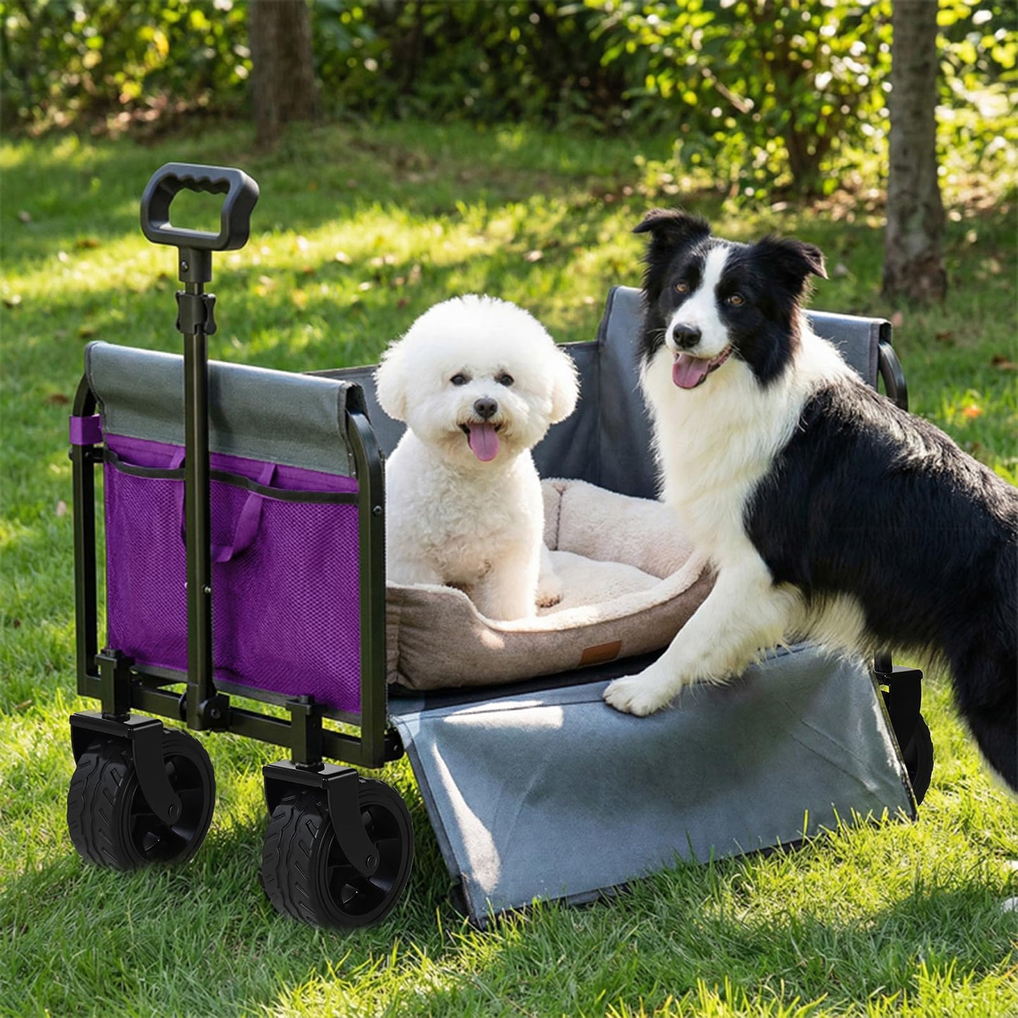 Holacamking Portable Collapsible Wagon Cart, Foldable Cart with Removable Side, Utility Groceries Wagon for Dogs Pets Camping Beach Shopping Sports Gardeing Fishing, Purple