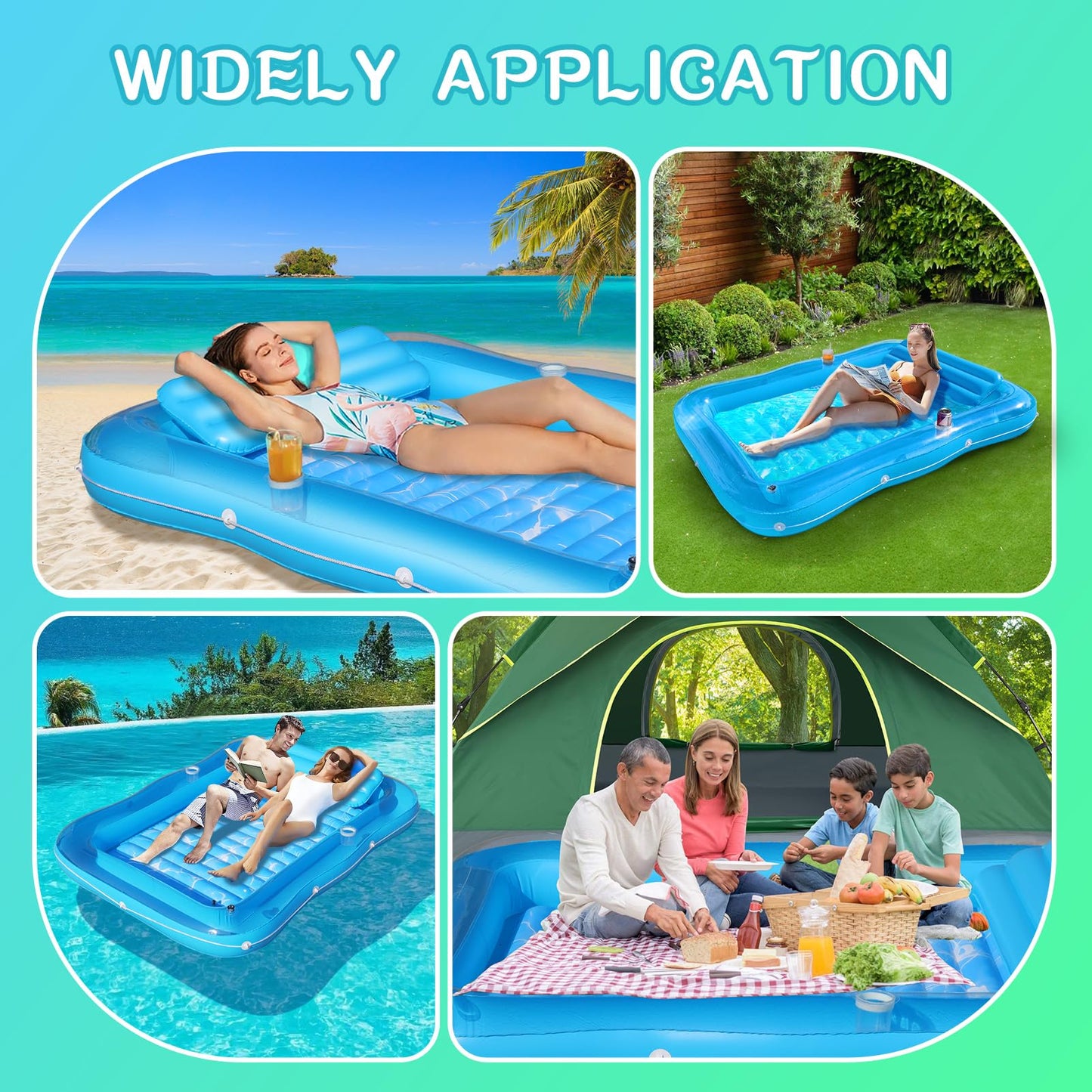Junbig Inflatable Tanning Pool for 2 Person, 81''x 60'' Tanning Pool Lounger Float with Pillow, Thicken Sutan Tanning Bed Pool Floats Adult w/2 Cup Holders, Water Tanning Pools for Backyard Lake Party