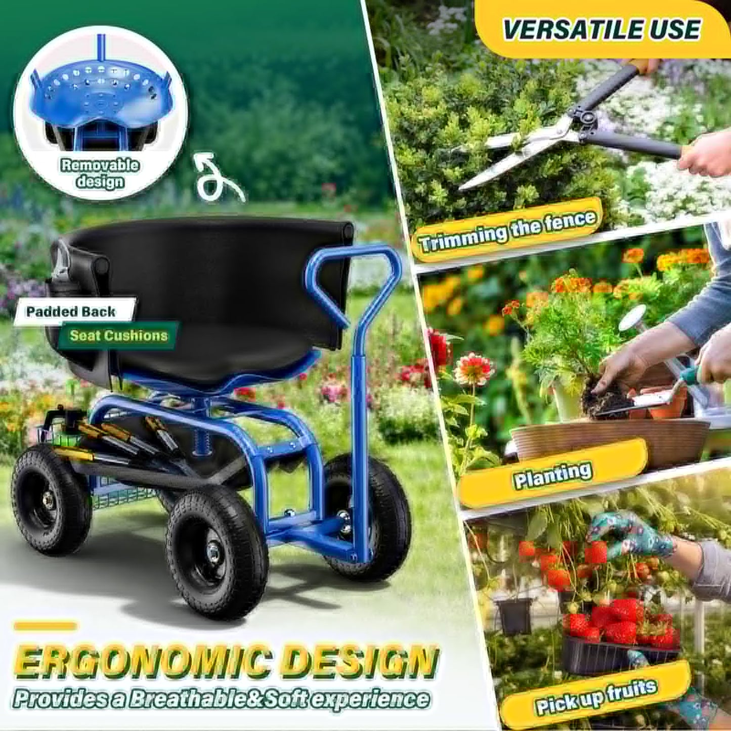 Baotree Garden Seat with Wheels, Rolling Garden Stool with Adjustable 360°Swivel Seat, Storage Basket & Extendable Handle, Outdoor Gardening Scooter, Garden Cart Workseat Stools for Seniors