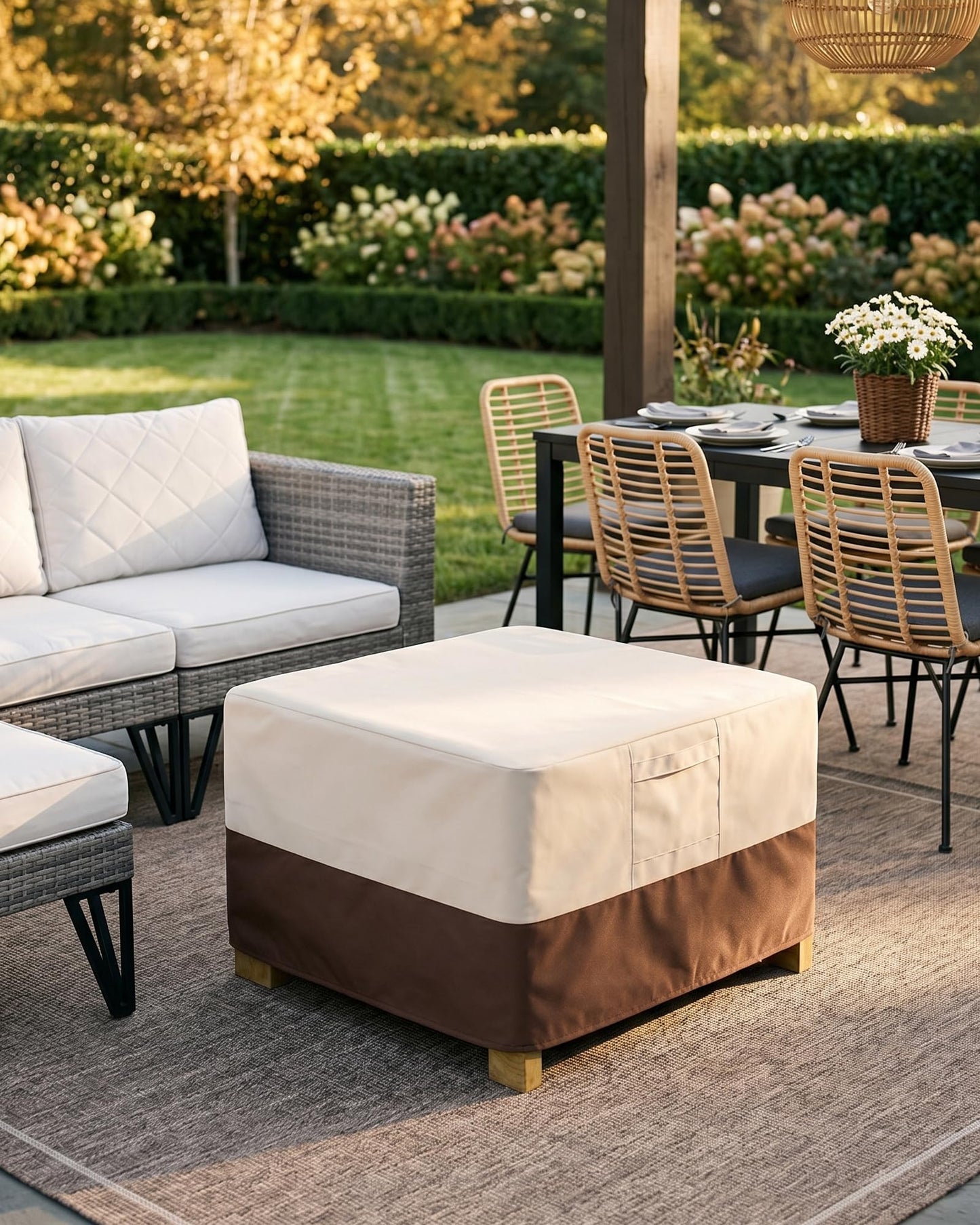 Vailge Rectangle Patio Ottoman Cover, Waterproof Outdoor Ottoman Cover with Padded Handles, Patio Side Table Cover, Heavy Duty Patio Furniture Covers (Small,Beige & Brown)