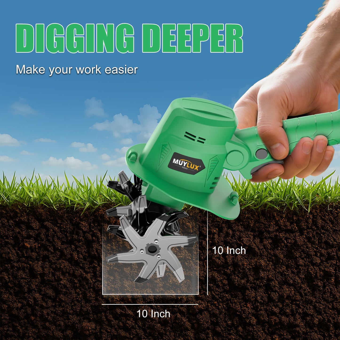 Muylux 20V Cordless Tiller Cultivator for Gardening, Electric Garden Tiller with Only 1 x 2.0Ah Battery & Charger, Garden Rototiller for Lawn Gardening Soil Cultivation