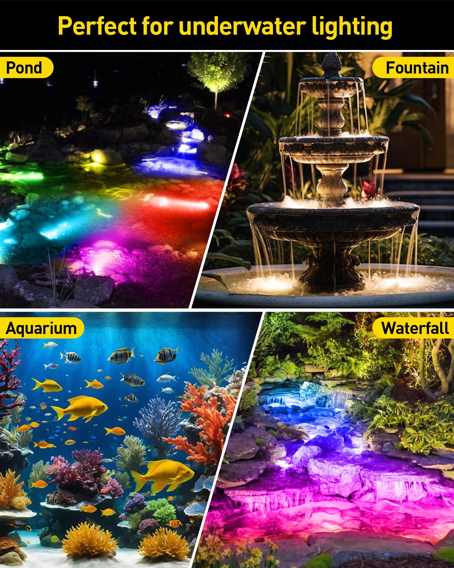 T-SUN Colored Pond Lights, Bright LED Underwater Pond Light Submersible Fountain Lights APP and Remote Control,Dimmable,Timer, IP68 Waterproof Fish Tank Light for Aquarium Fountain Garden (4-Head)