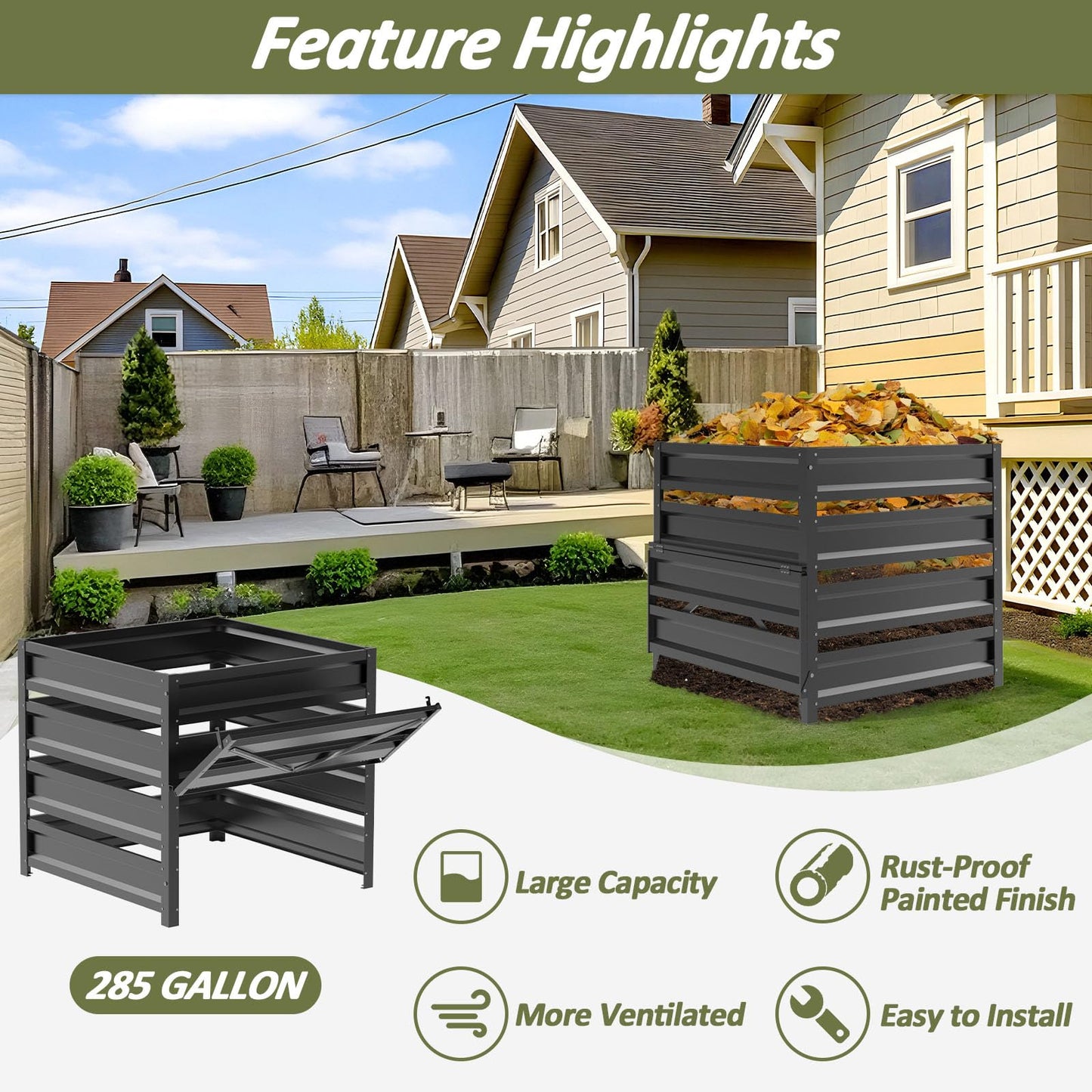 Trellume Compost Bin Outdoor - 285 Gallon Composter with Rust-Proof Coating, Painted Finish, Large Compost Bin for Producing Fertilizer from Kitchen Waste and Fallen Leaves(Metal)