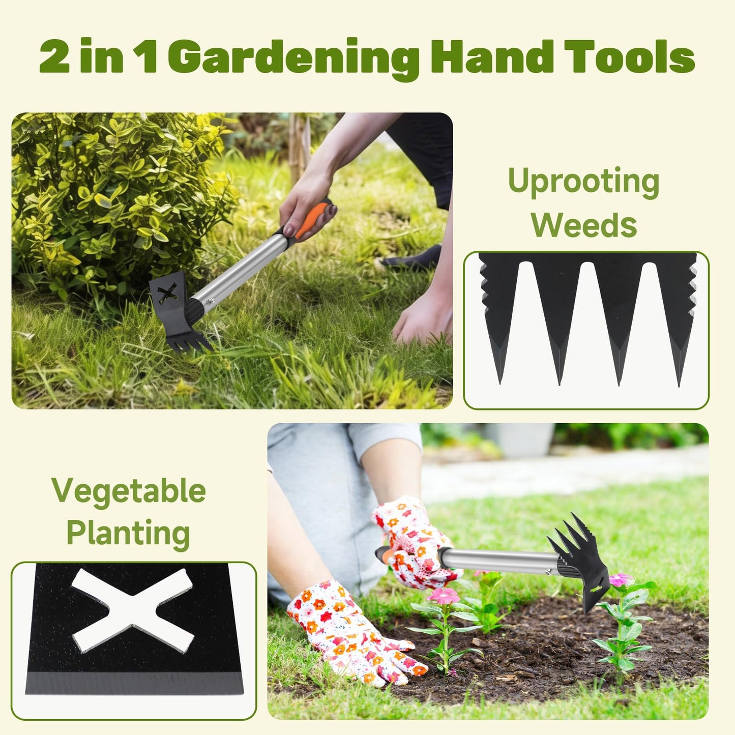 NICOFPHY Weed Puller Tool 2 Pack, 2 in 1 Manual Weeding Rake and Garden Hoe, 17" Uprooting Weeder Remover Tool for Yard Lawn Patio and Garden, Portable Gardening Hand Tools for Veggies Flower Planting