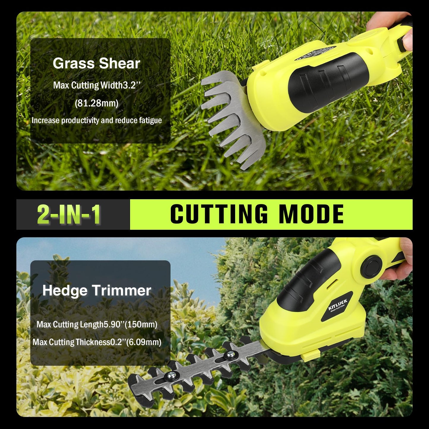 KITLUCK 8V Cordless 2-in-1 Grass Shear & Hedge Trimmer,Handheld Electric Grass Trimmer Hedge Shears/Grass Cutter Rechargeable,2000mAh Battery for Yard, Garden, Lawn Care