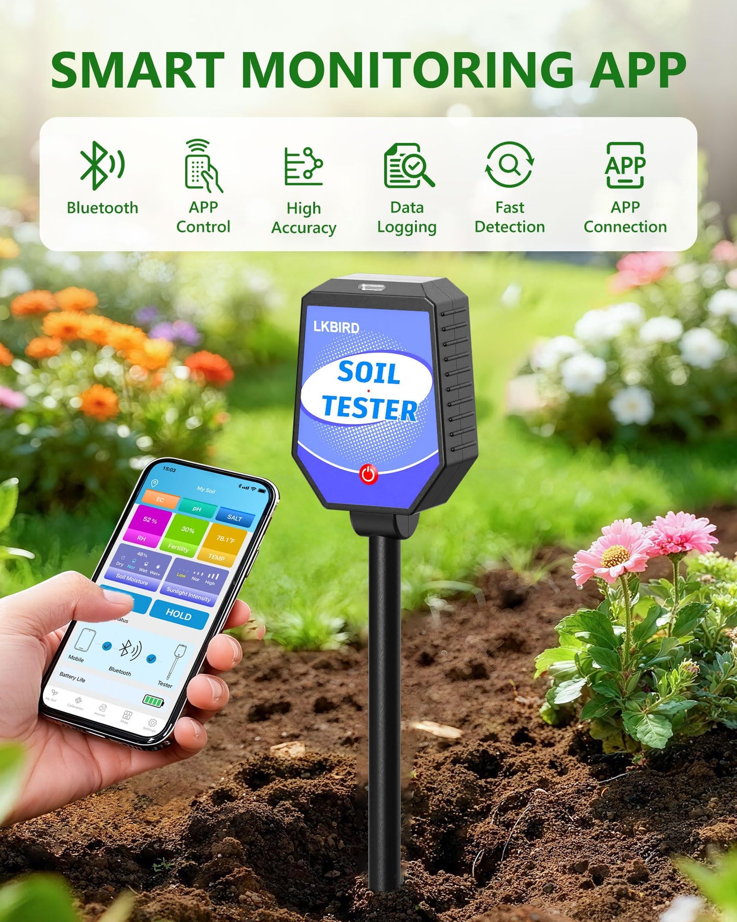 8-in-1 Soil Moisture Tester with APP Monitoring, Soil Moisture pH Meter, Light, Salinity, Fertility, EC, Temperature, Humidity Soil Test Kit for Garden, Farming, Lawns, Indoor & Outdoor Plants.