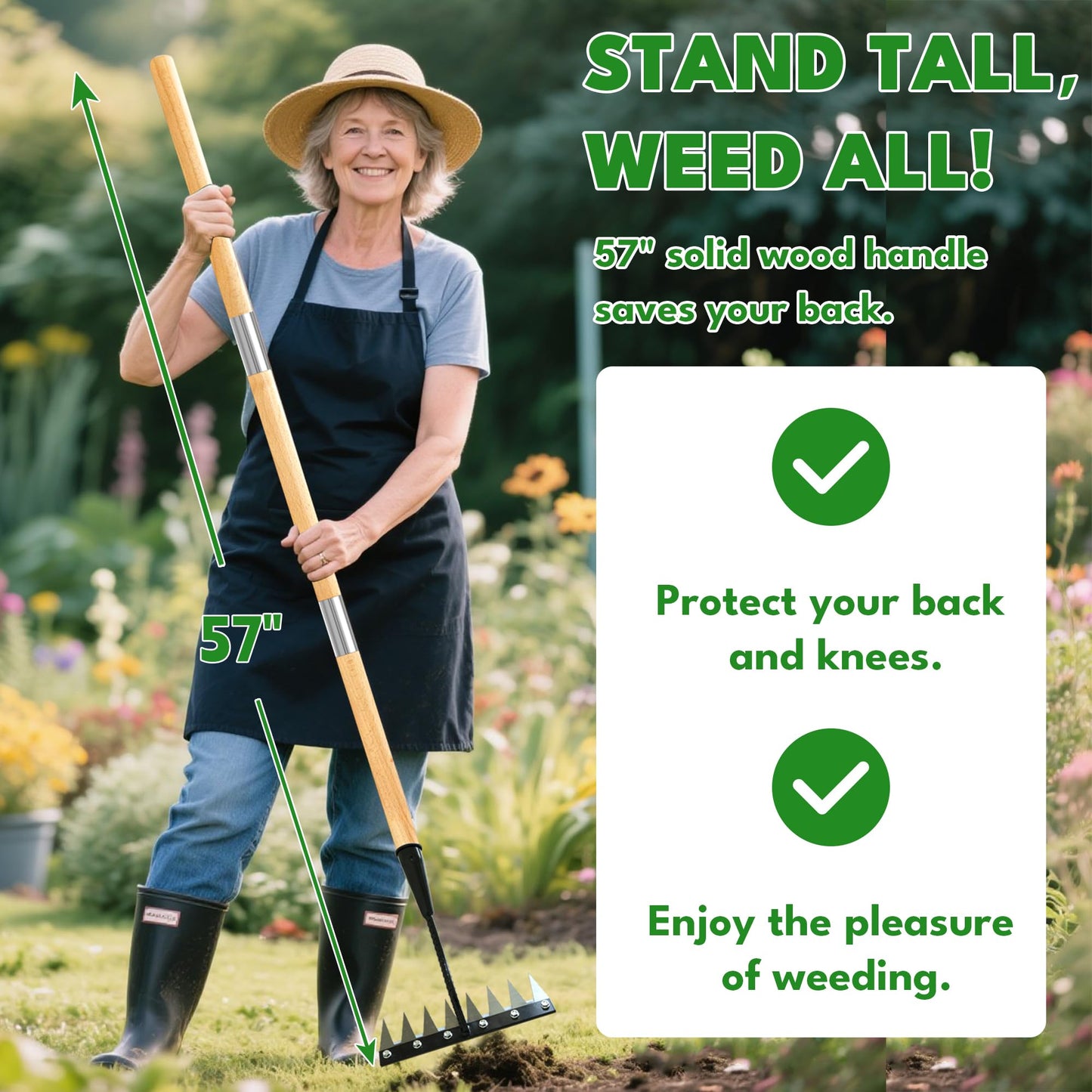 Weed Puller Tool, Iron Weeding Rake with Handle 2.0, Upgraded 8 Teeths Garden Weeding Tool Heavy Duty Gardening Tool for Lawn, Flower Beds & Soil Aeration