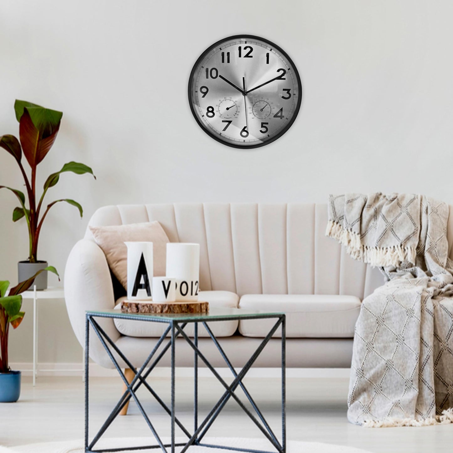 VIOYOUNS 10 Inch Indoor Clock with Temperature and Humidity, Waterproof and Silent, Large Easy-to-Read Numbers, Ideal for Bedroom,Office,Living Room,Porch,Garden,Pool(Silver)