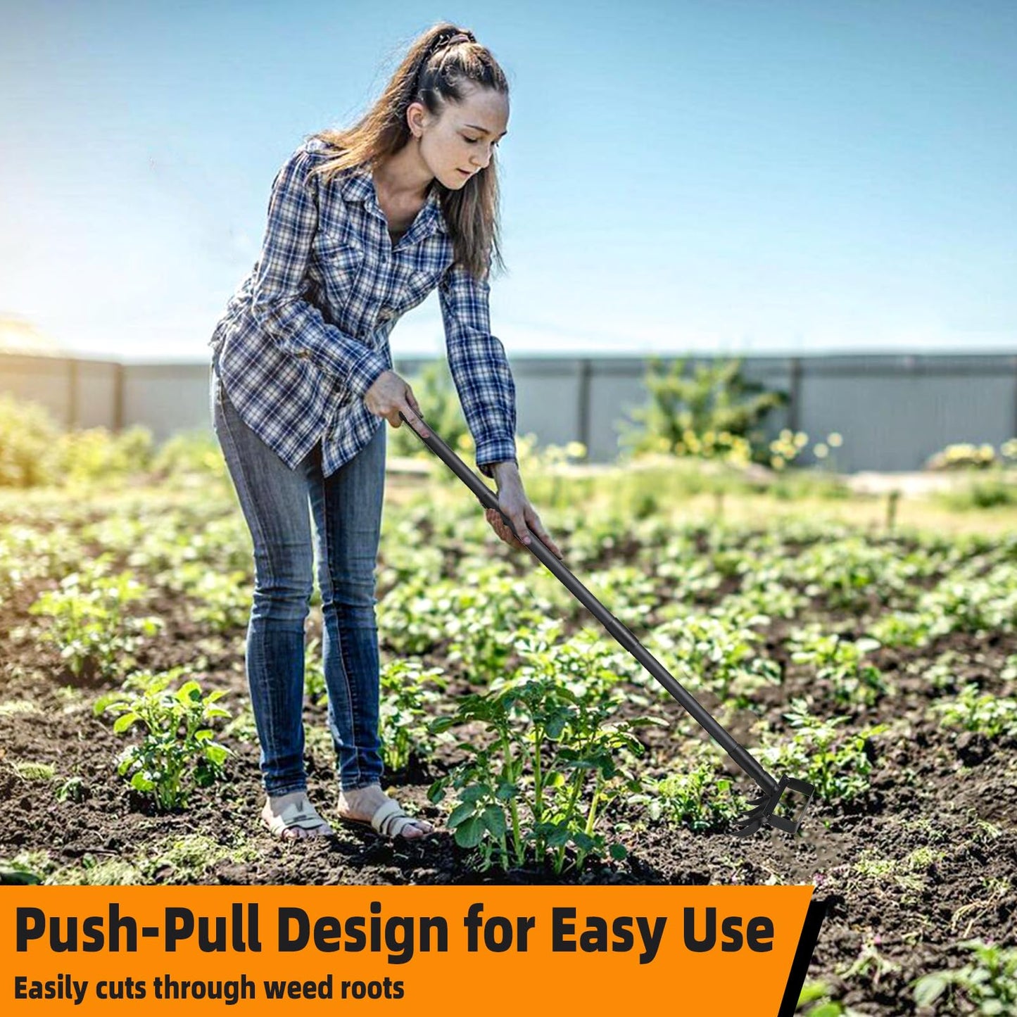 Weed Puller with 62.6” Adjustable Long Handle, Heavy Duty Stirrup Hoe, 4 Tines 2 in 1 Garden Cultivator for Weeding and Soil Loosening, Black