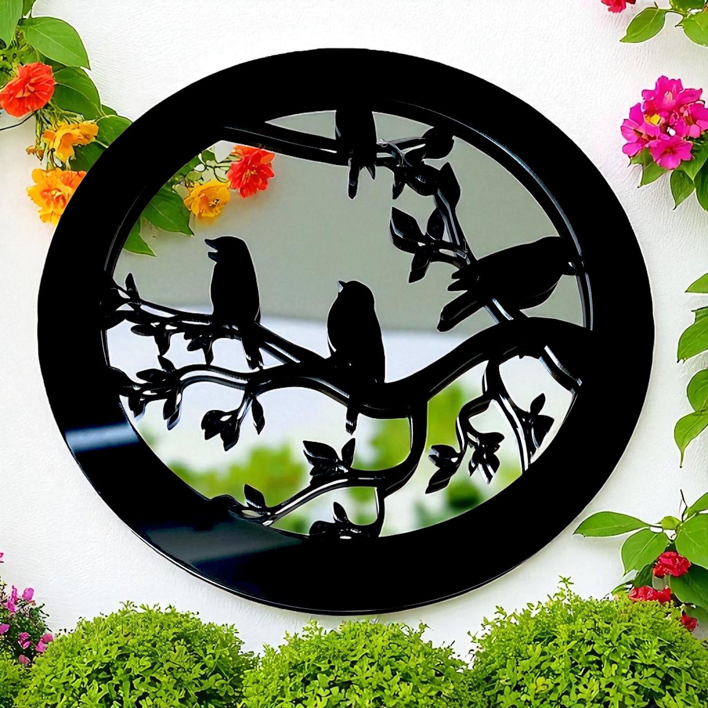 Super Cool Creations Round Mirror Bird Wall Art, Black Decorative Garden Panel with Tree Branch Design, Garden Decor, 38cm