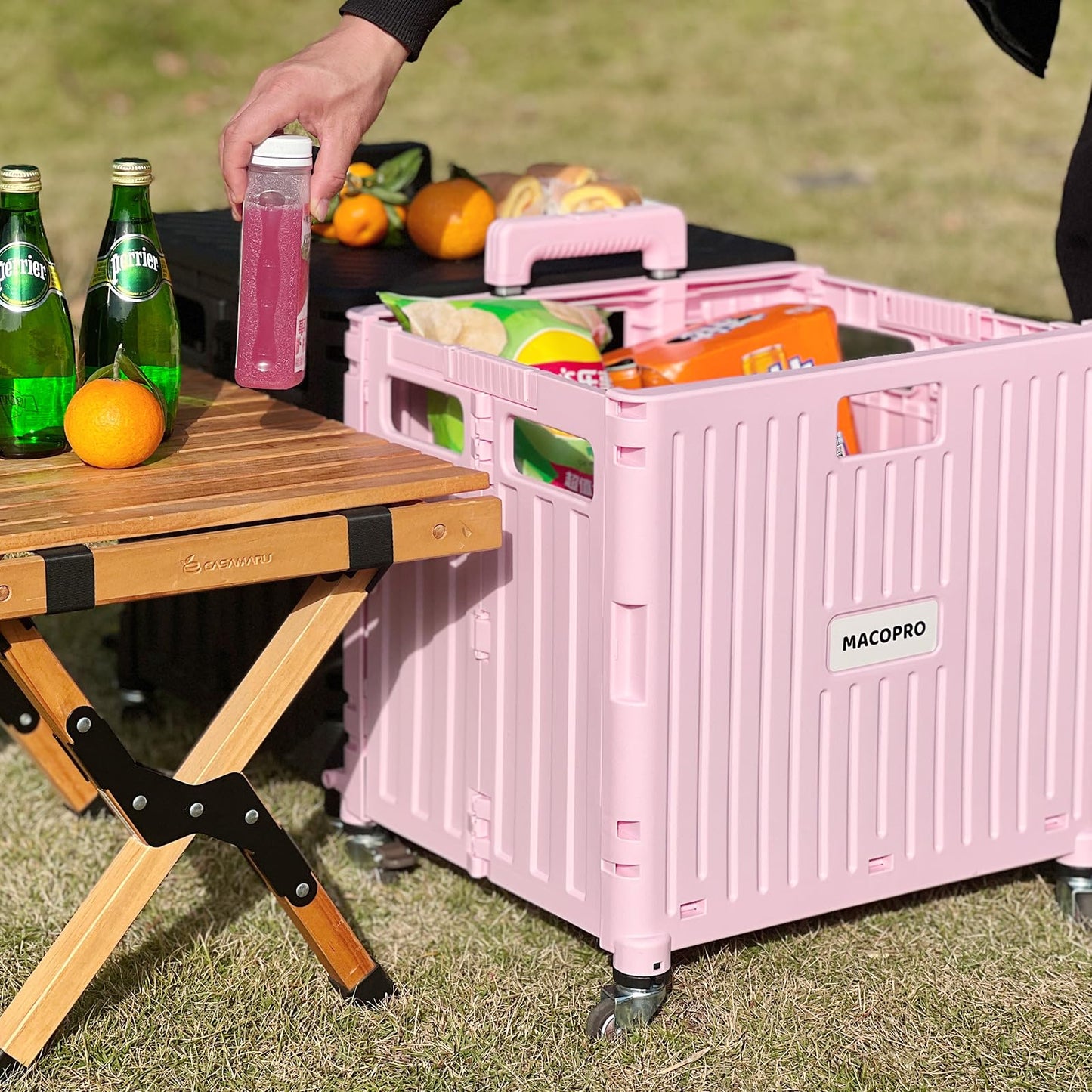 MACOPRO Folding Utility Cart Portable Rolling Crate Handcart Shopping Trolley Collapsible Tool Box, with Lid, Basket on 4 Rotate Wheels, for Grocery, Shopping, Office, Teacher (Pink)