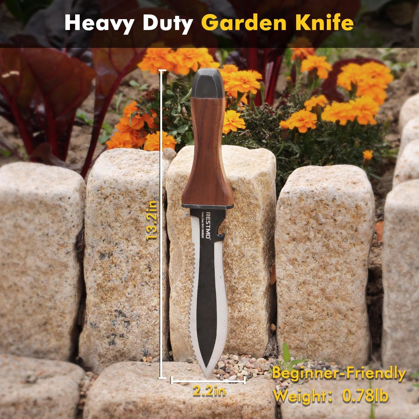 Restmo Hori Hori Garden Knife with Sheath, Durable Weeding and Planting Tool, High-Strength Stainless Steel Dual-Edge Blade, Ergonomic Walnut Handle for Gardening and Outdoor Use