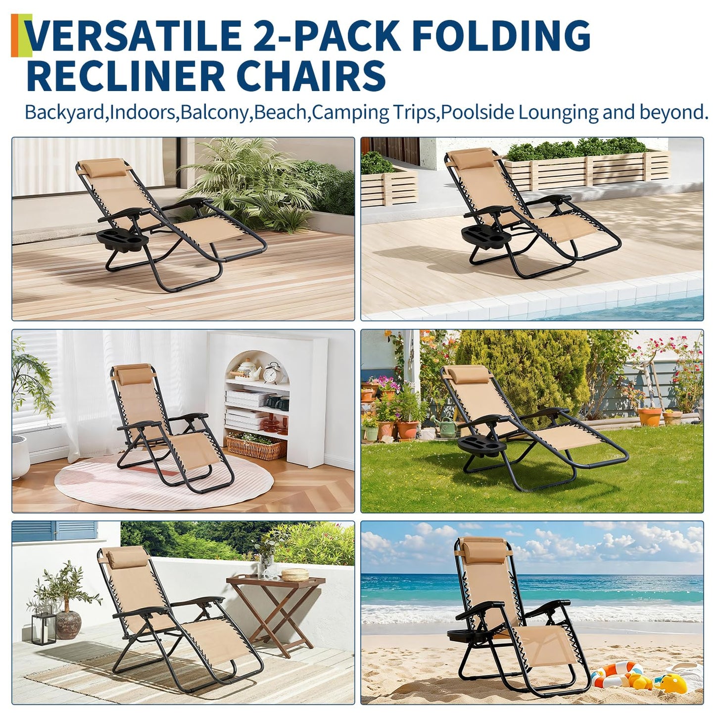Patio Lounge Chairs Set of 2, Outdoor Recliner with Side Tray & Headrest - Heavy Duty Steel Mesh Folding Chairs, Adjustable Portable Camping Lawn Chairs for Poolside, Beach, Backyard, Deck