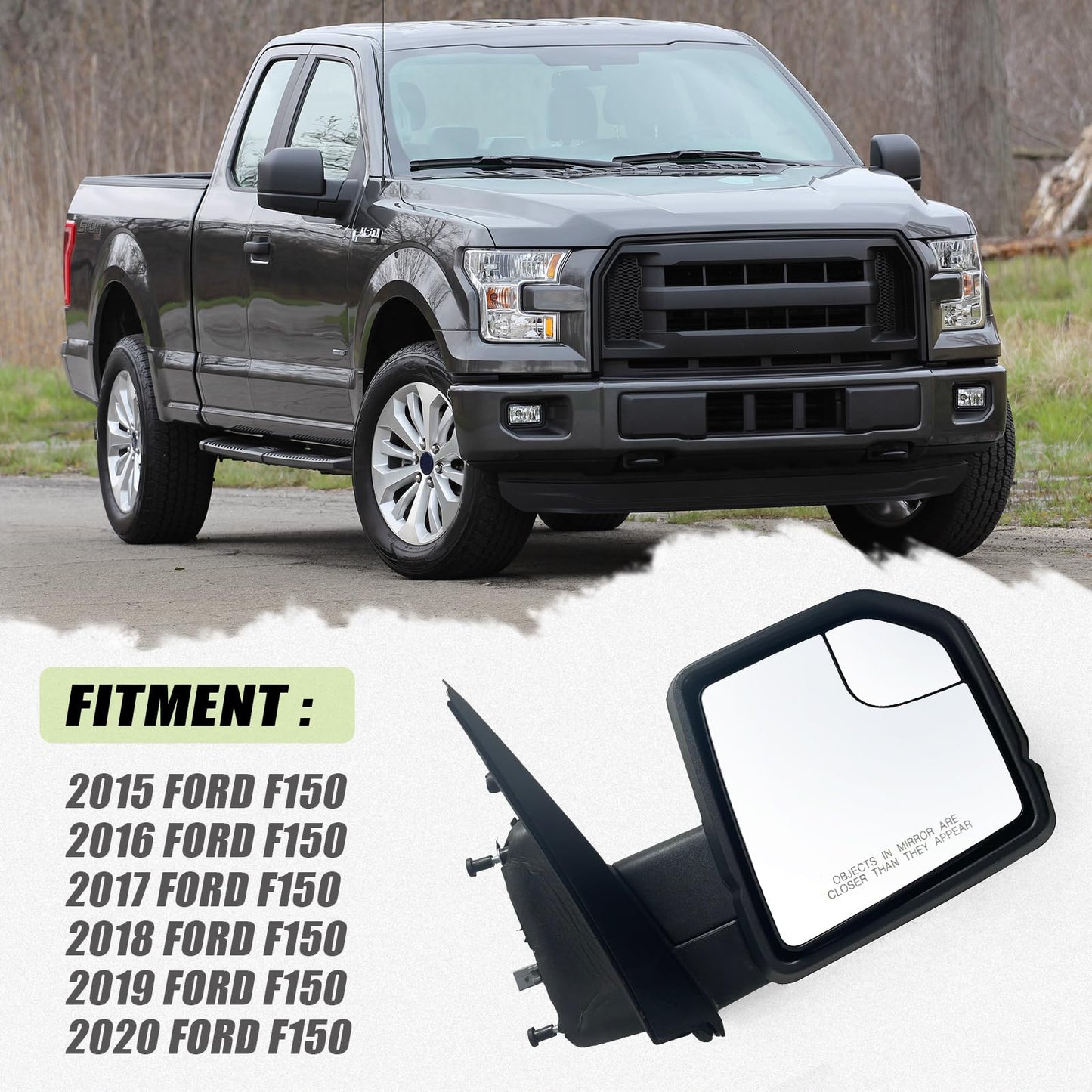 Lqito Right Passenger side Mirror with Power Glass, Outdoor Temperature Sensor and Manual Folding Fits 2015-2020 Ford F150 Without Turn Signal, Non-Heated Replace JL34-17682-BG (5 Pins)