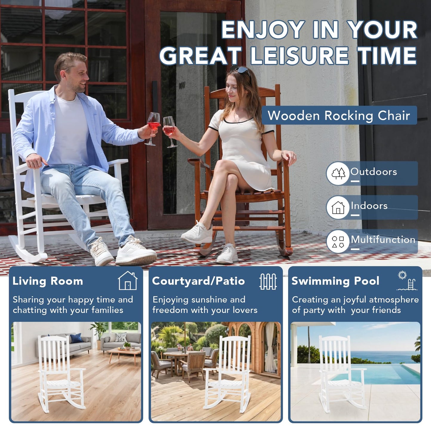 Besunbar Wooden Outdoor Rocking Chair, Oversized Patio Rocking Chair w/400lbs Support & High Backrest | Porch, Lawn, Garden, Backyard,White