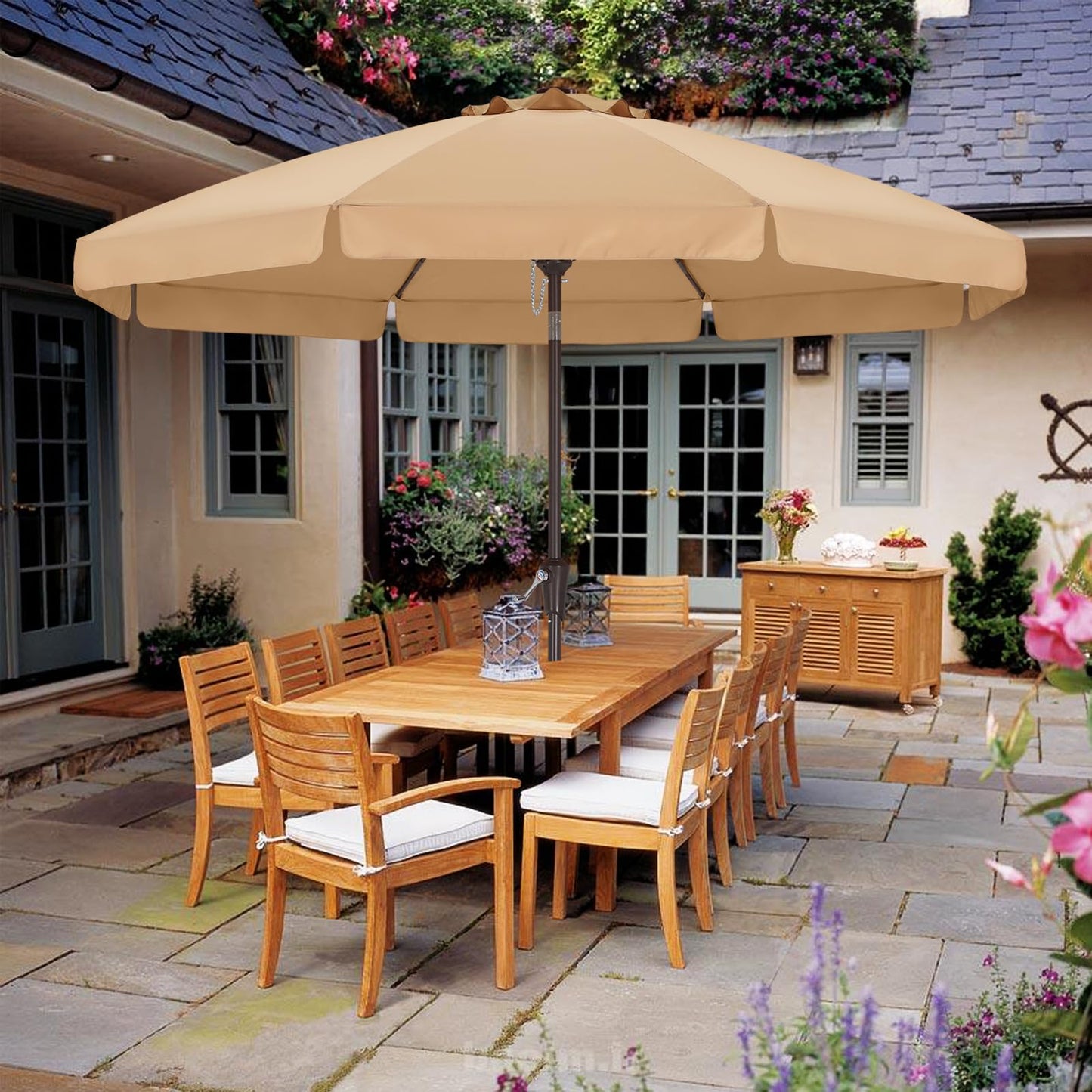 ABCCANOPY 10ft Scalloped Patio Umbrella, Outdoor Table Umbrella with Tilt and Crank, Fiberglass Ribs Deck Umbrella for Patio, Pool, Garden, Picnic (Khaki)