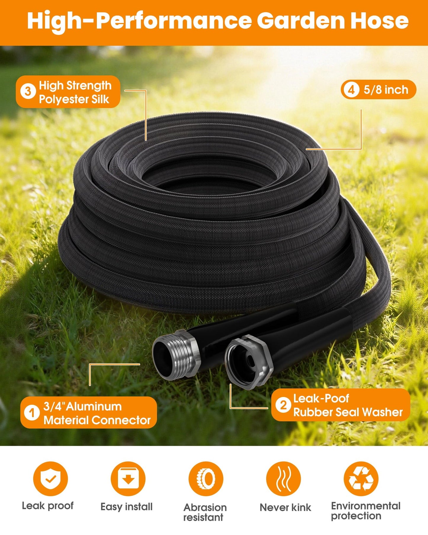 50 FT Garden Hose, Non-Expanding Water Hose, Ultra Flexible, Burst-Resistant, Kink-Free, High-Pressure Garden Hose for Easy All-Weather Use on Lawns, Gardens, and Outdoor Cleaning
