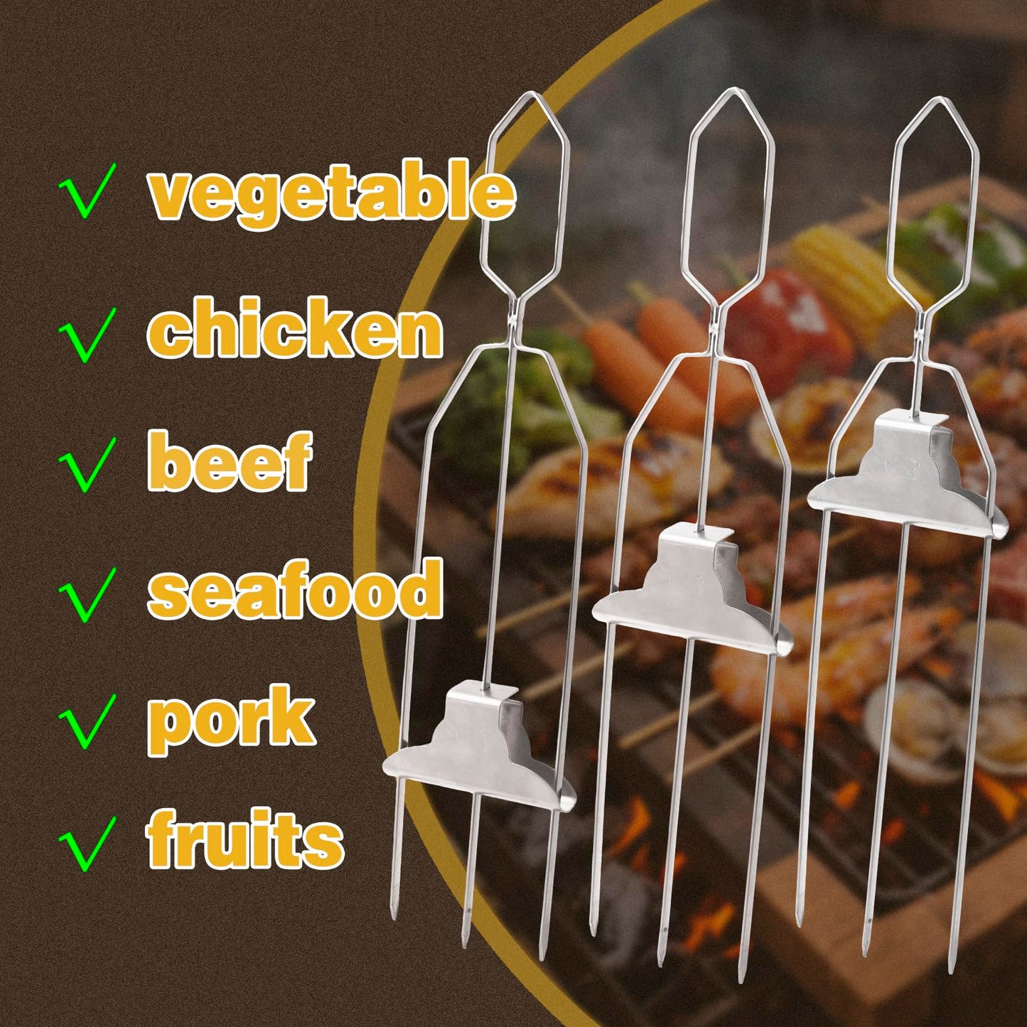 YQGQSUAK 7 Pack 15 Inch 3 Prong Kabob Skewers, Stainless Steel Grill Skewers with Push Slider Bar, Reusable Metal BBQ Sticks for Meat, Chicken, Veggies and Outdoor Cooking