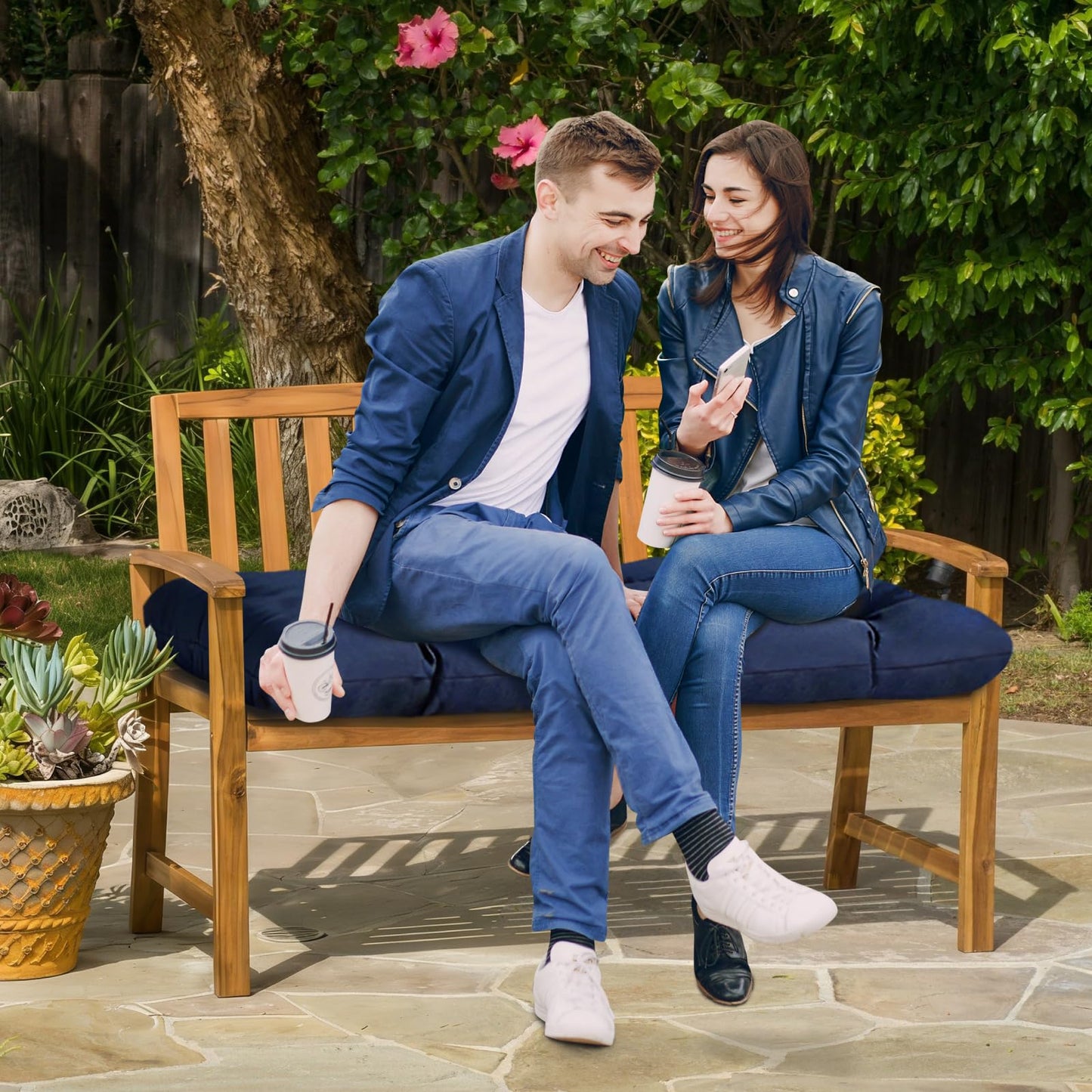 TESICA 40 x 20 Inch Indoor Outdoor Bench Cushion Waterproof Patio Furniture Cushions Garden Sofa Settee Couch Printed Swing Pads Blue Grey