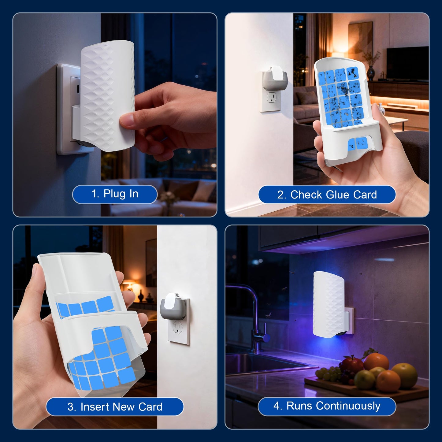 Flying Insect Trap for Indoors, Plug-in Fly Trap Bug Catcher for Gnats, Fruit Flies & House Flies, Upgraded Blue UV Light Trap with Sticky Cards, Silent & Mess-Free, 2 Devices + 10 Refills