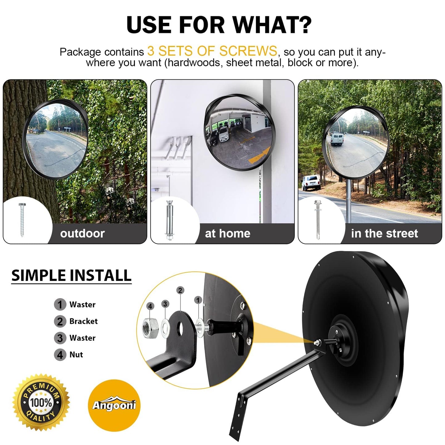 Angooni 16" Convex Driveway Mirror, Upgrade Wide Angle View, Adjustable Blind Spot Mirror, Traffic Mirrors, Security Mirrors Indoor and Outdoor, Parabolic Safety Mirrors