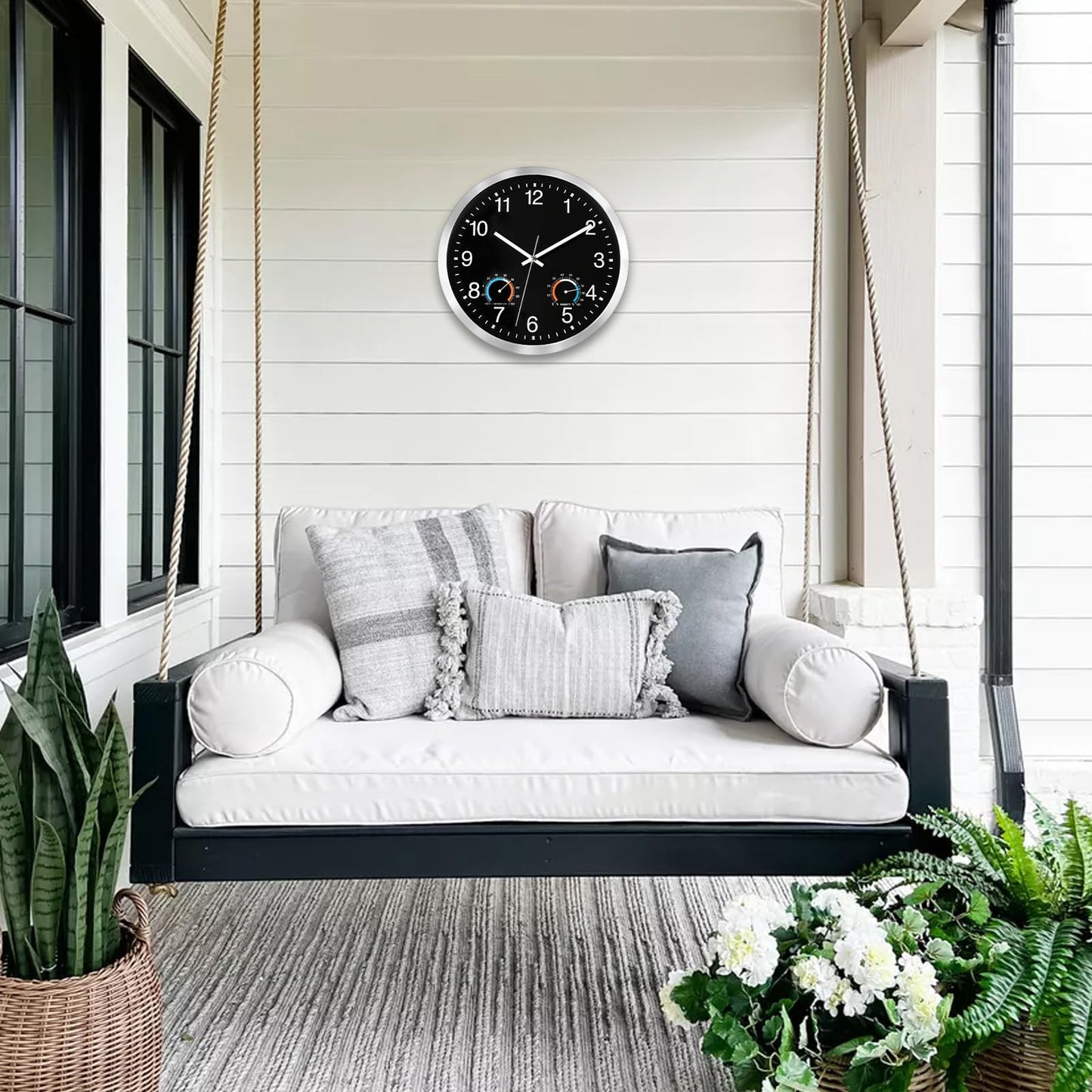 Caysie 12 Inch Indoor Outdoor Clocks Waterproof with Thermometer and Hygrometer Combo, Silent Battery Operated Quartz Metal Wall Clock for Patio Pool Bathroom Home (Black)