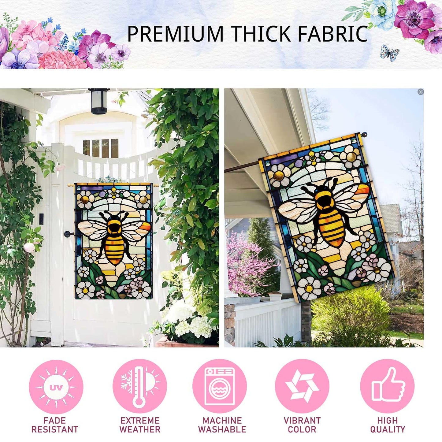 Jauageon Bee Happy Garden Flag Spring Summer Flowers Garden Flag Glass Style Vertical Double Sided Rustic Farmland Burlap Yard Lawn Outdoor Decor 28x40"
